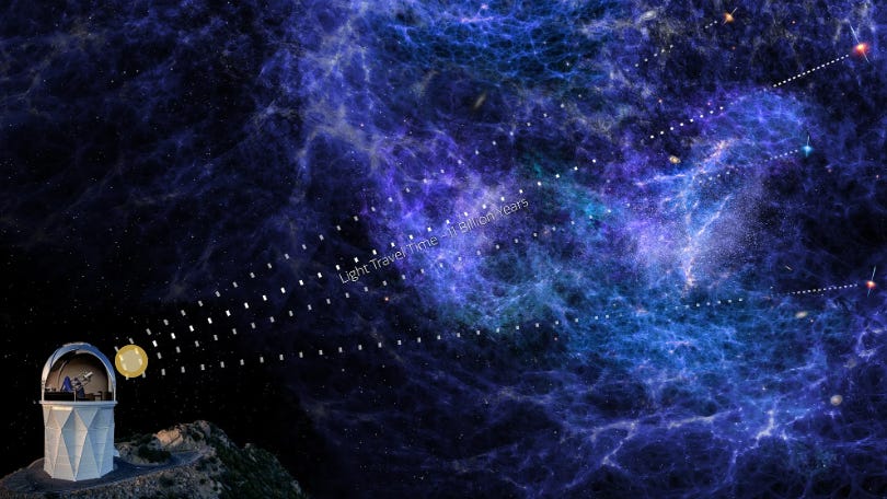 Illustration eines Teleskops, das in die frühen Stadien des Universums zurückblickt.