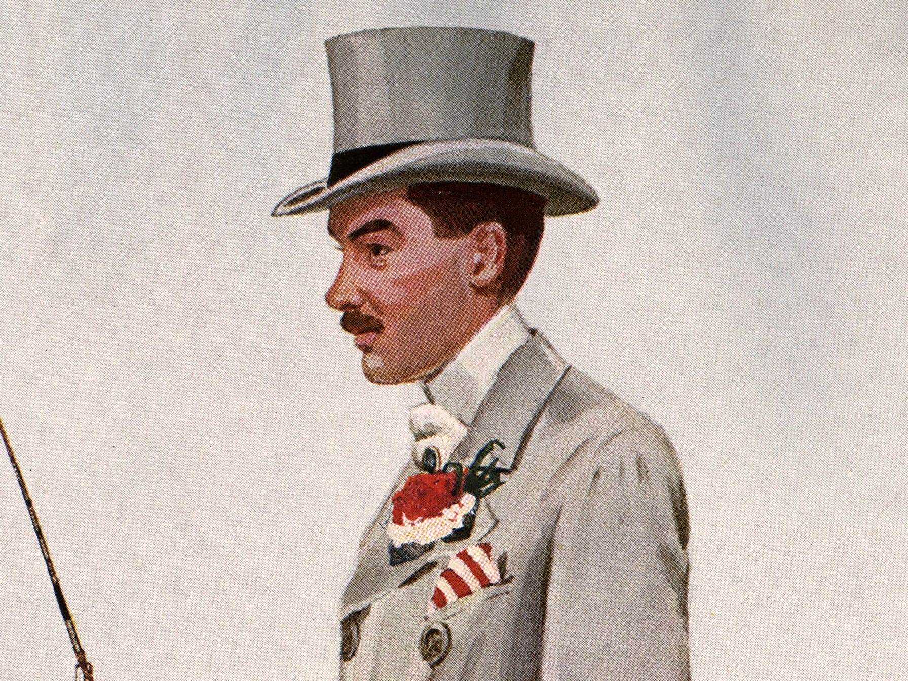 Eine Illustration von Alfred Gwynne Vanderbilt in einem grauen Anzug mit Zylinder.
