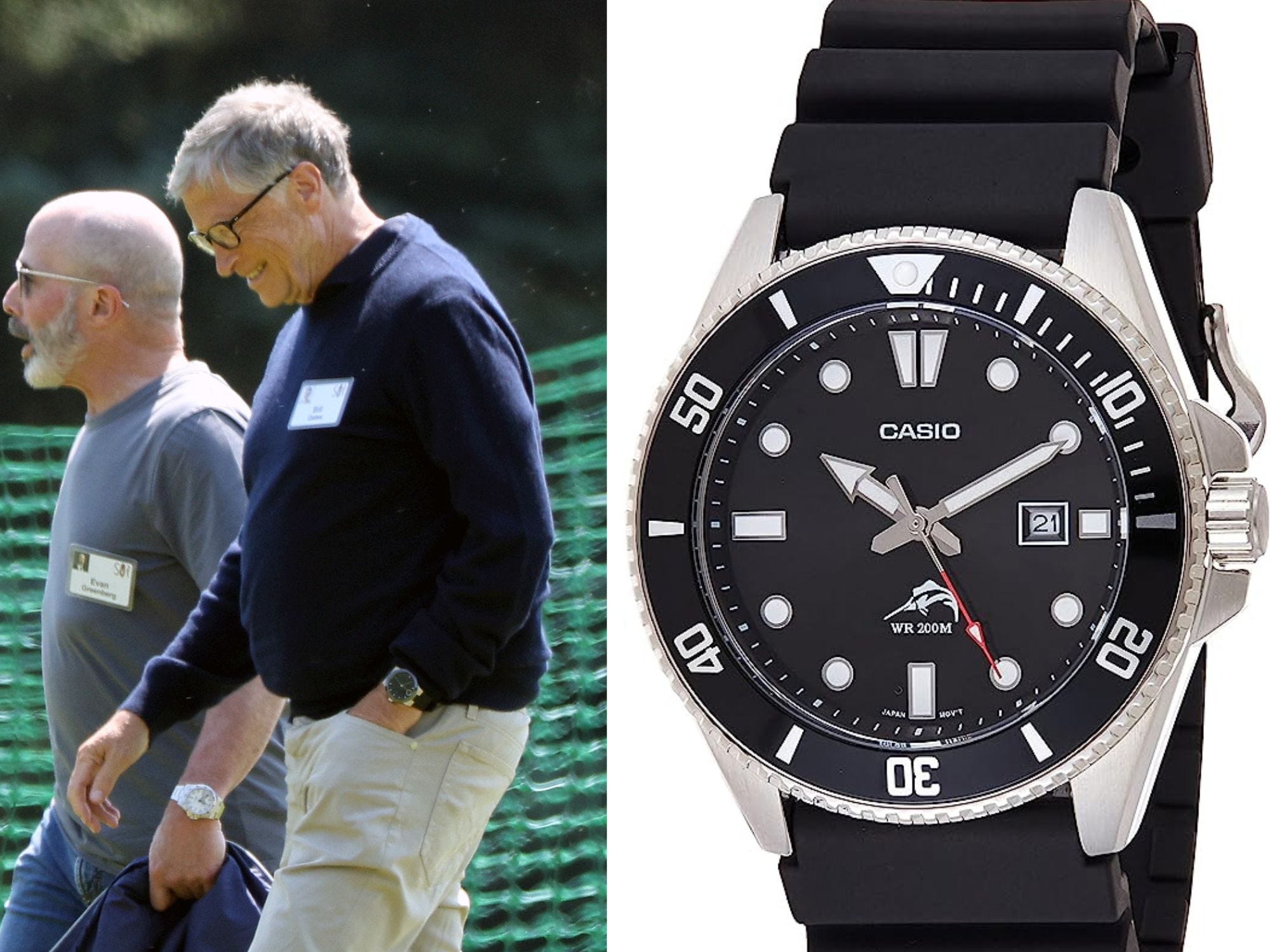 Zusammengesetztes Bild: Bill Gates geht mit Evan Greenberg und Casio-Uhr spazieren