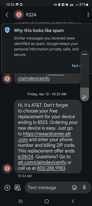 Auch wenn Google diese SMS für einen Betrug oder Spam hielt, stammte sie tatsächlich von AT&T. Eine SMS von AT&T über ein kostenloses Geräteangebot sieht zwar wie ein Betrug oder Spam aus, ist aber legitim