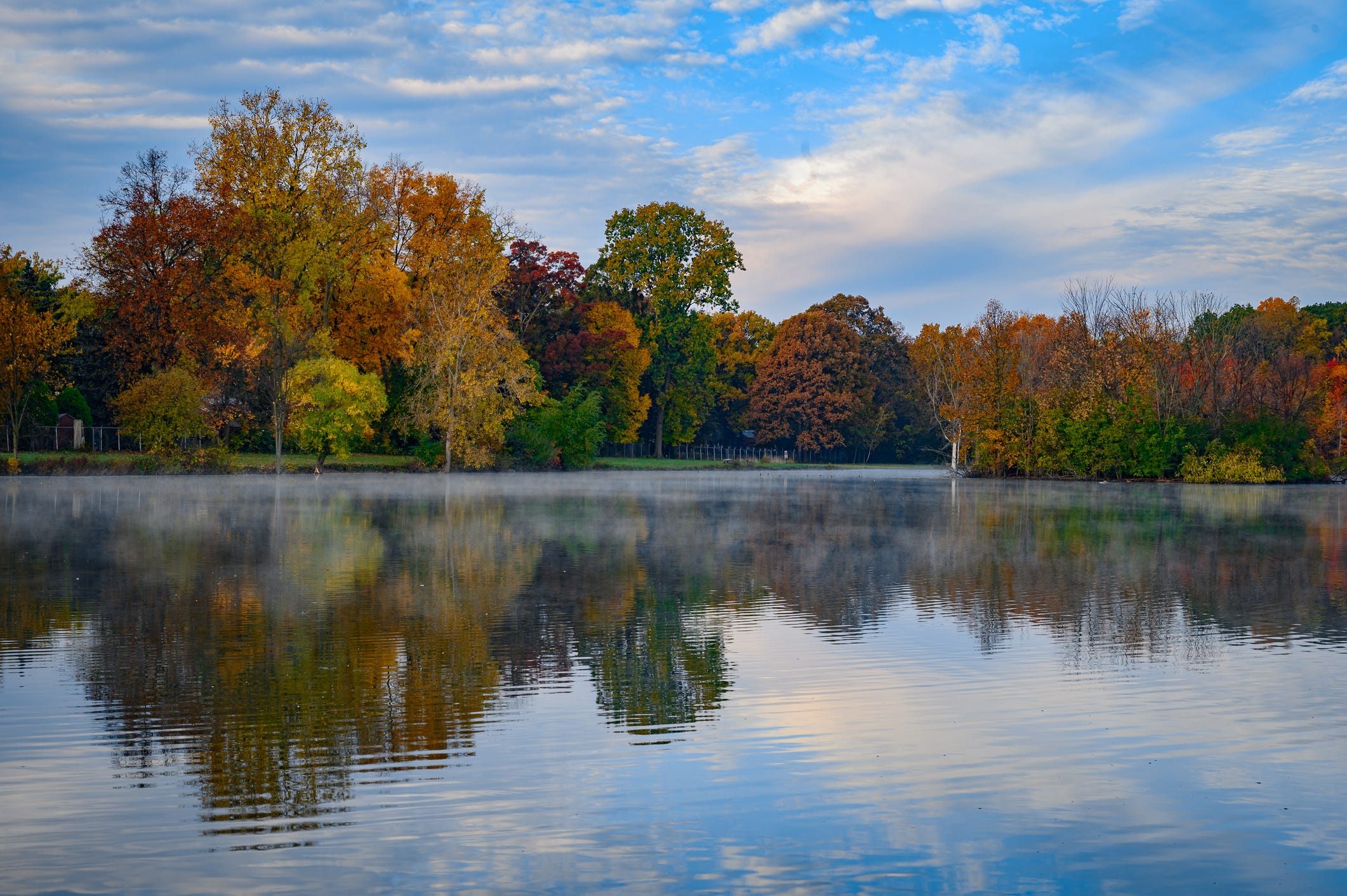 Malerischer Blick auf den See mit Bäumen gegen den Himmel im Herbst, Troy, Michigan