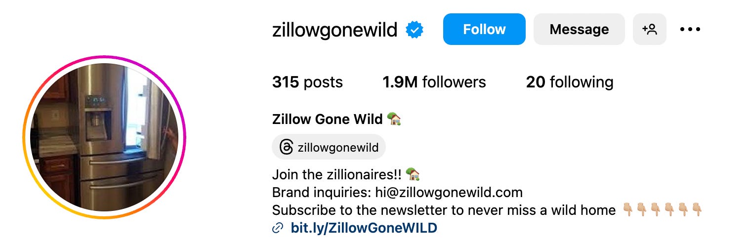 Zillow Gone Wild-Homepage auf Instagram mit 1,9 Millionen Followern