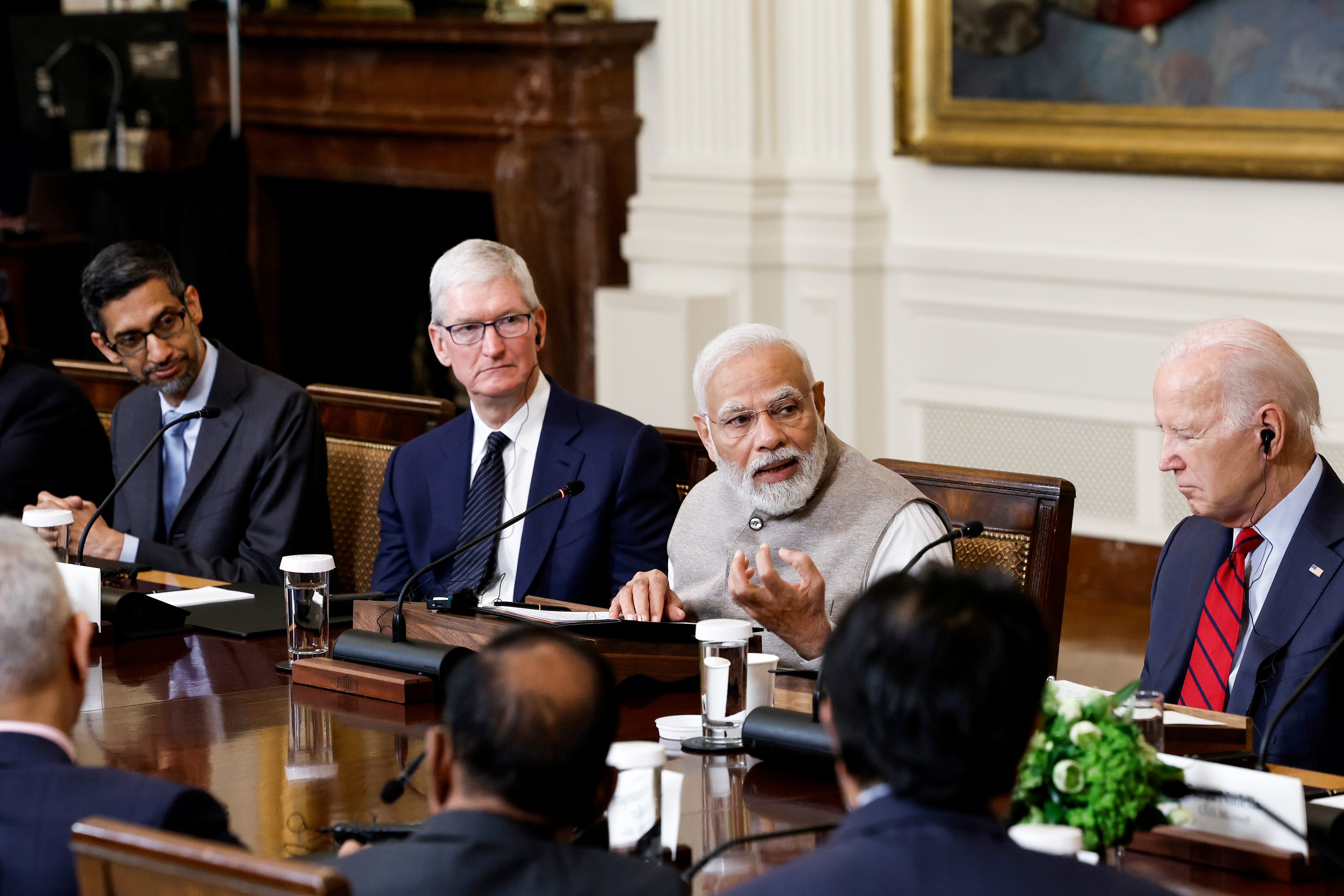 Sundar Pichai, Tim Cook, Narendra Modi, Joe Biden