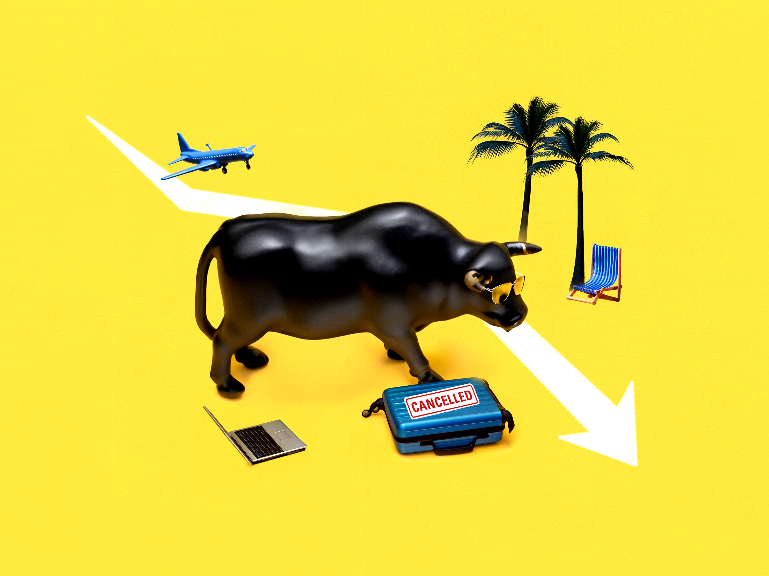 Fotoillustration des Wall Street Bullen mit Koffer, Flugzeug, Laptop und Palmen.