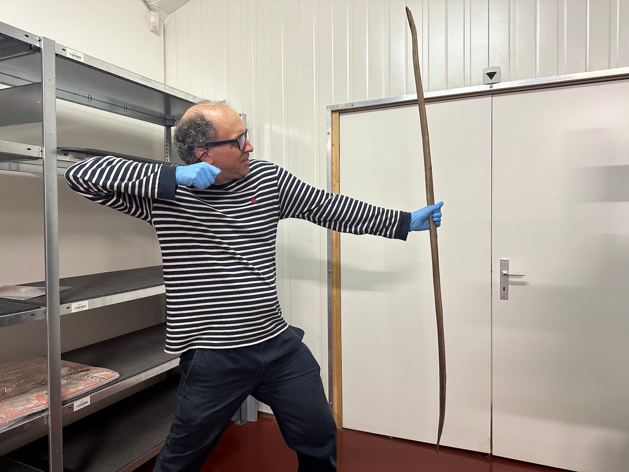 Der Archäologe im schwarz-weiß gestreiften Hemd und mit Handschuhen posiert mit einem riesigen Bogen aus Holz, den Arm nach hinten gezogen, als würde er einen Pfeil abschießen