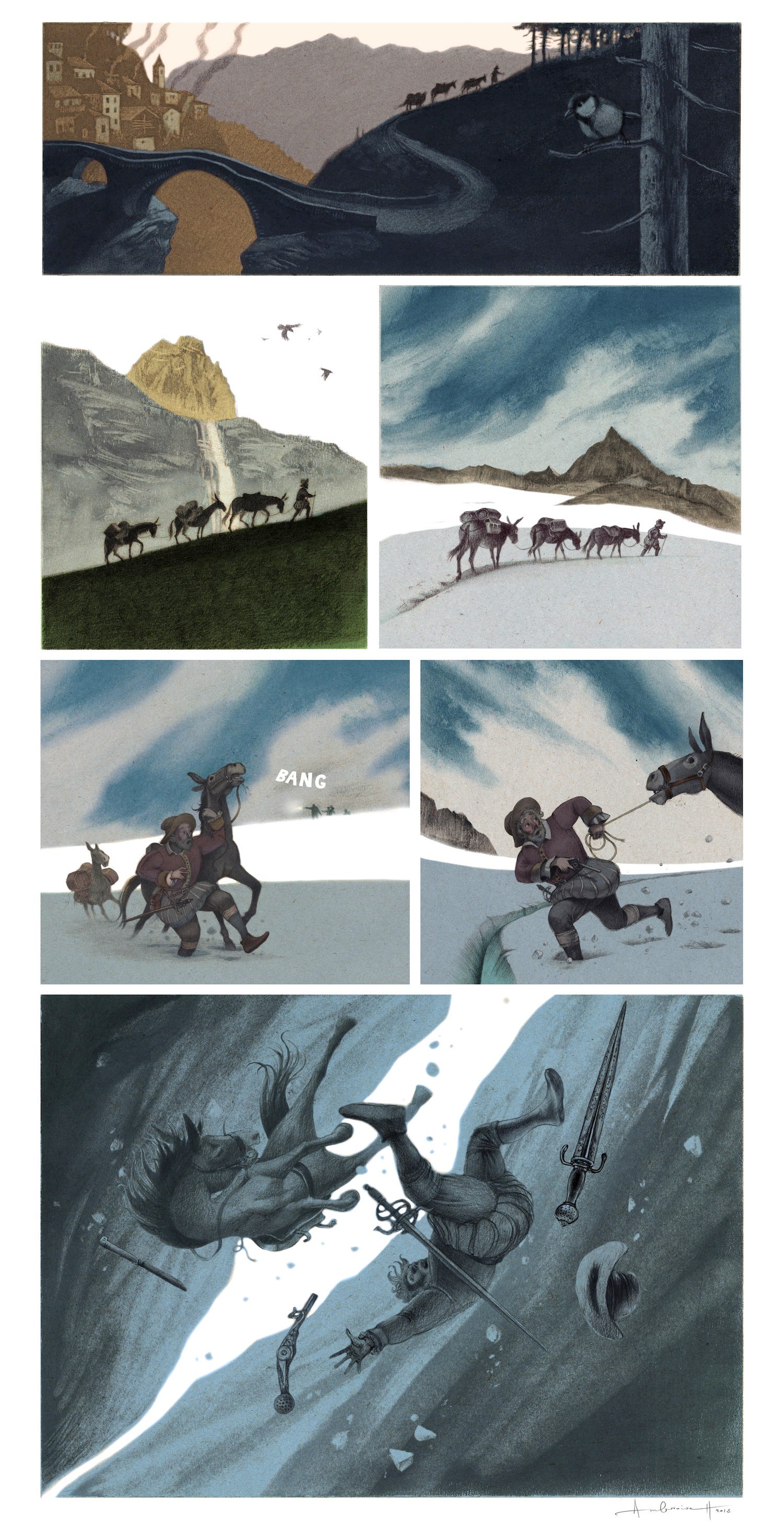 Illustrierter Comicstrip, der einen Mann in mittelalterlicher Tracht zeigt, der mit einer Reihe von drei Maultieren aus einer Stadt heraus, einen Berg hinauf und auf einen Gletscher geht und dann in eine riesige Gletscherspalte fällt, in sechs Tafeln