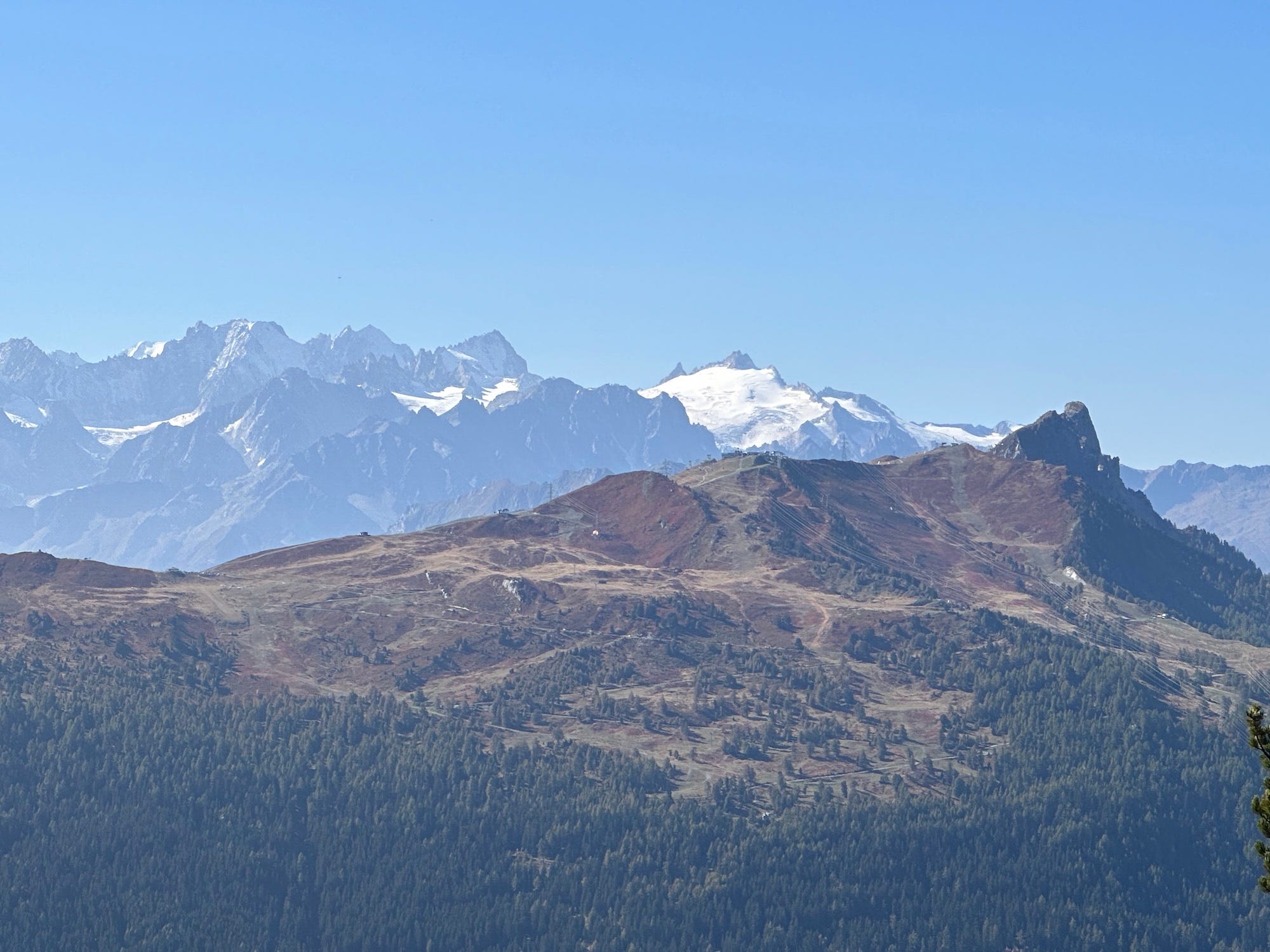 Schweizer Alpen verschneite, zerklüftete Berggipfel vor blauem Himmel mit einem braunen und grünen Berggipfel im Vordergrund