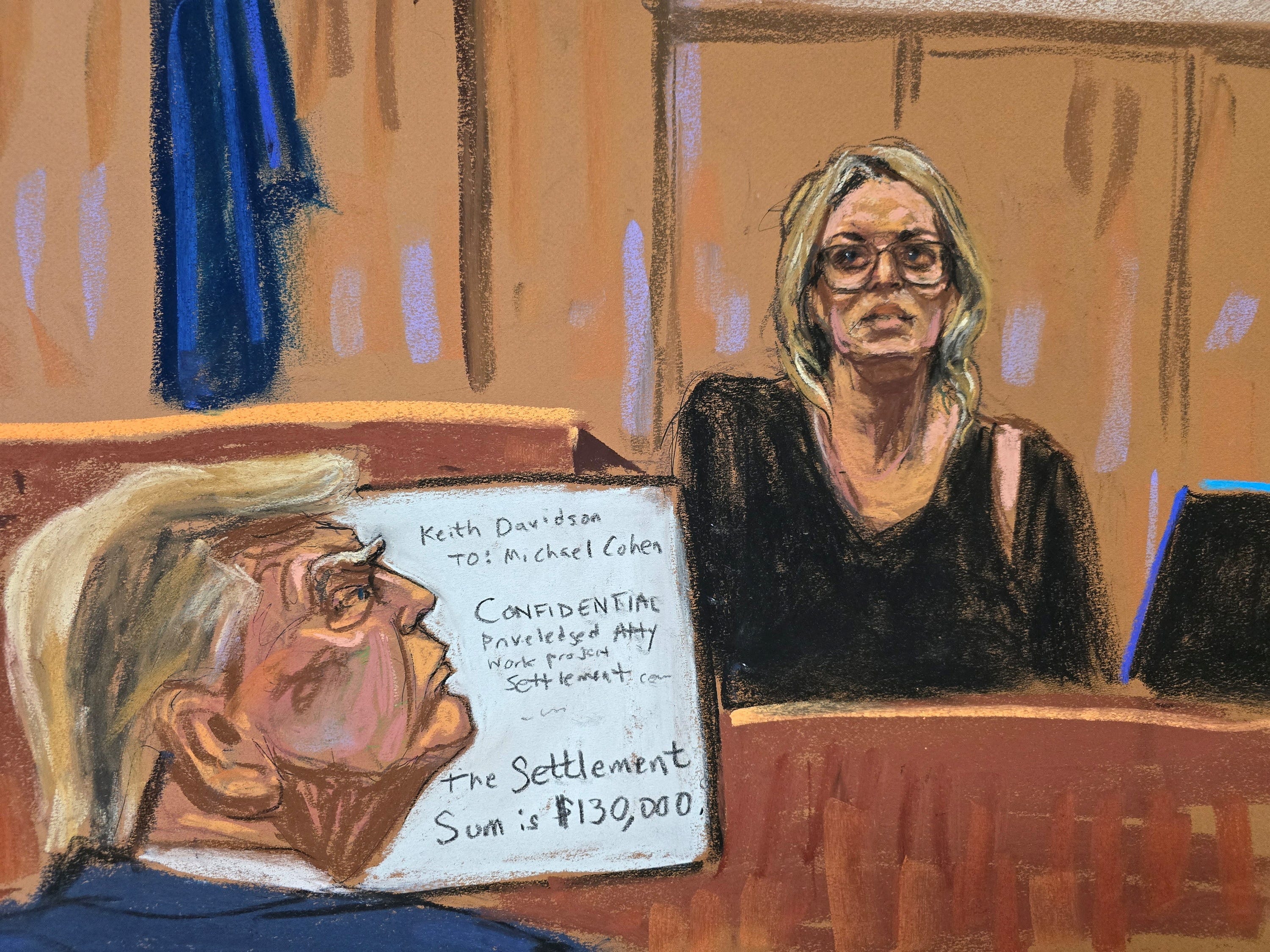 Eine Gerichtsskizze von Stormy Daniels im Zeugenstand im Schweigegeldprozess gegen Donald Trump.