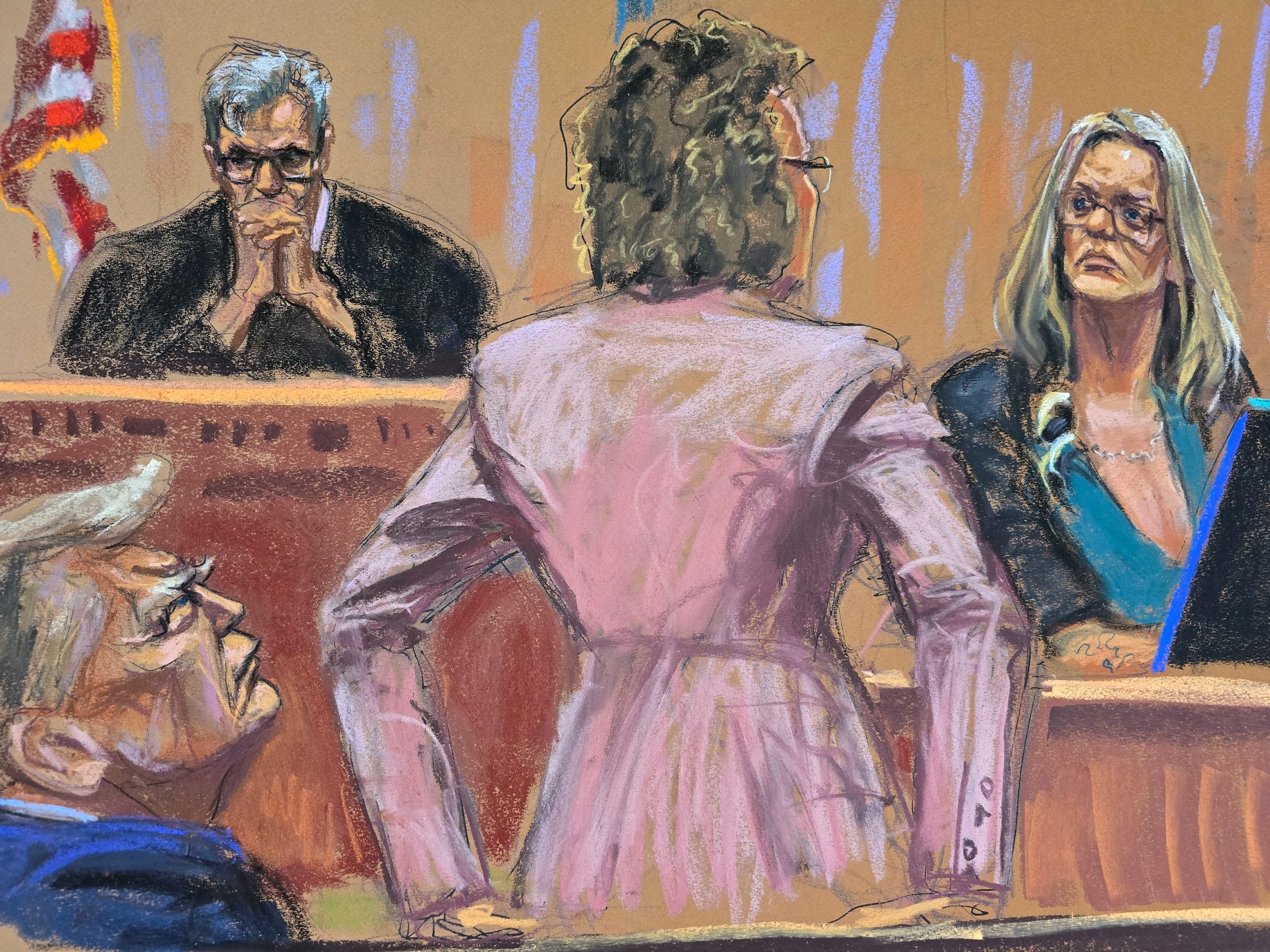 Eine Gerichtsskizze zeigt die Verteidigerin Susan Necheles bei der Befragung von Stormy Daniels, während Donald Trump und Richter Juan Merchan zuschauen.