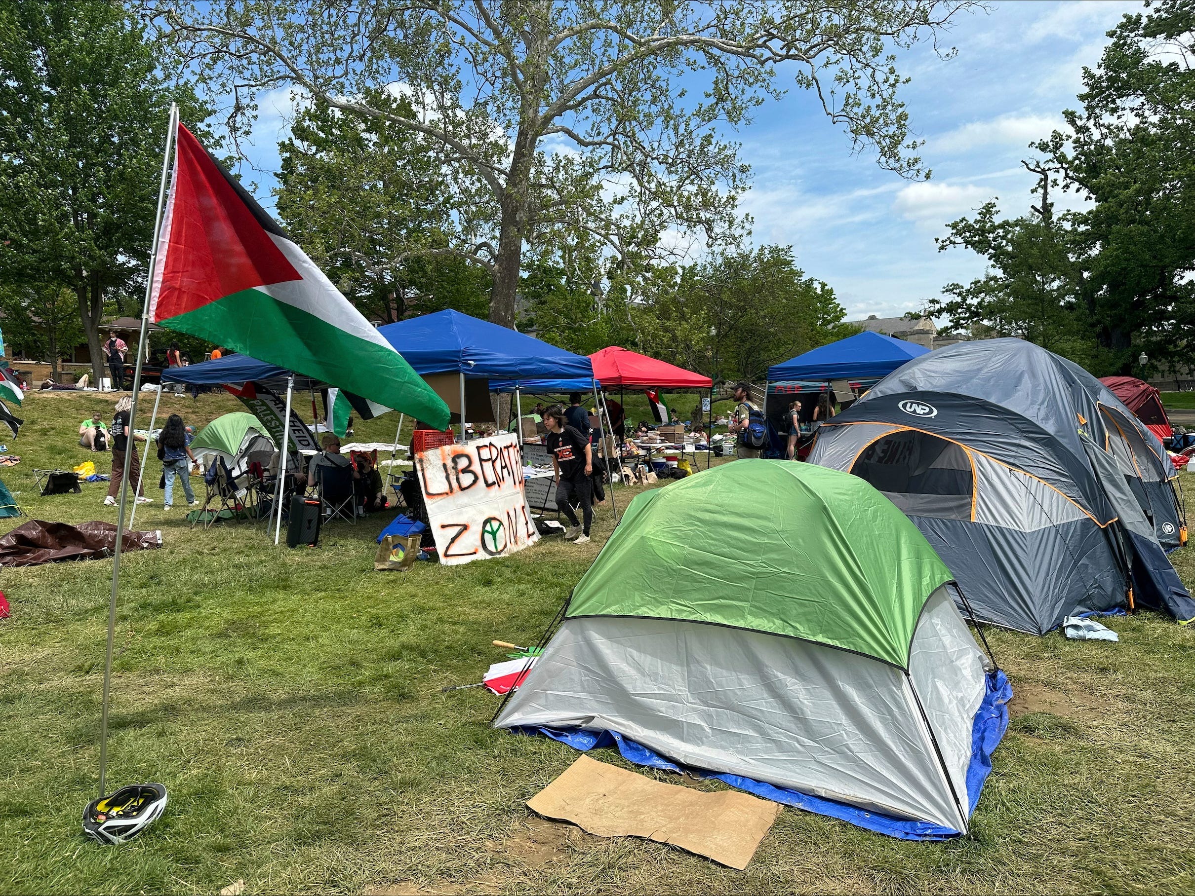 Ein Haufen Zelte auf einem grünen Rasen mit palästinensischen Flaggen