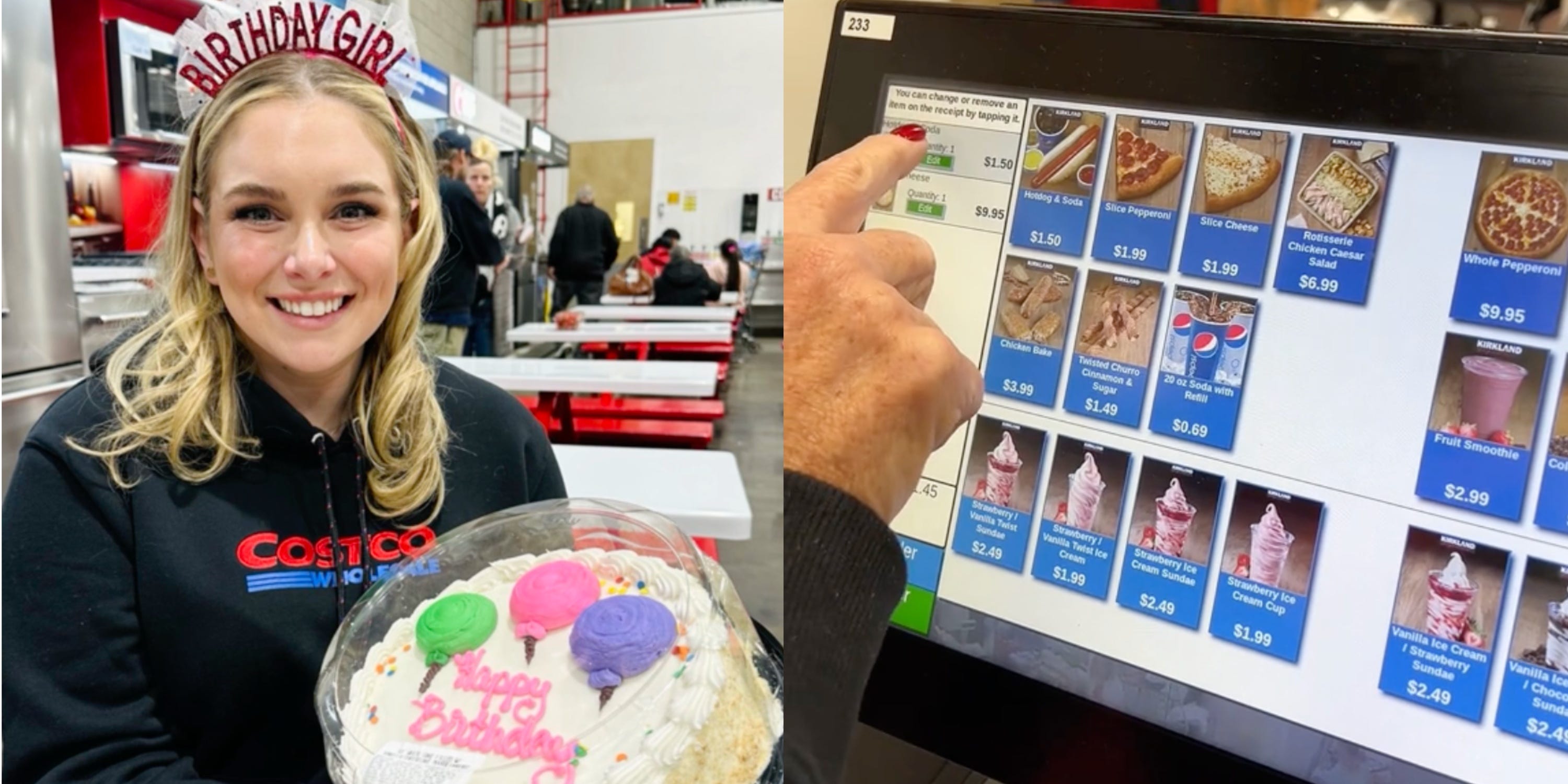Ein zusammengesetztes Bild mit einer jungen blonden Frau, die bei Costco eine Geburtstagstorte hochhält, zusammen mit einem Bild des Bildschirms, auf dem die Speisekarte angezeigt wird.