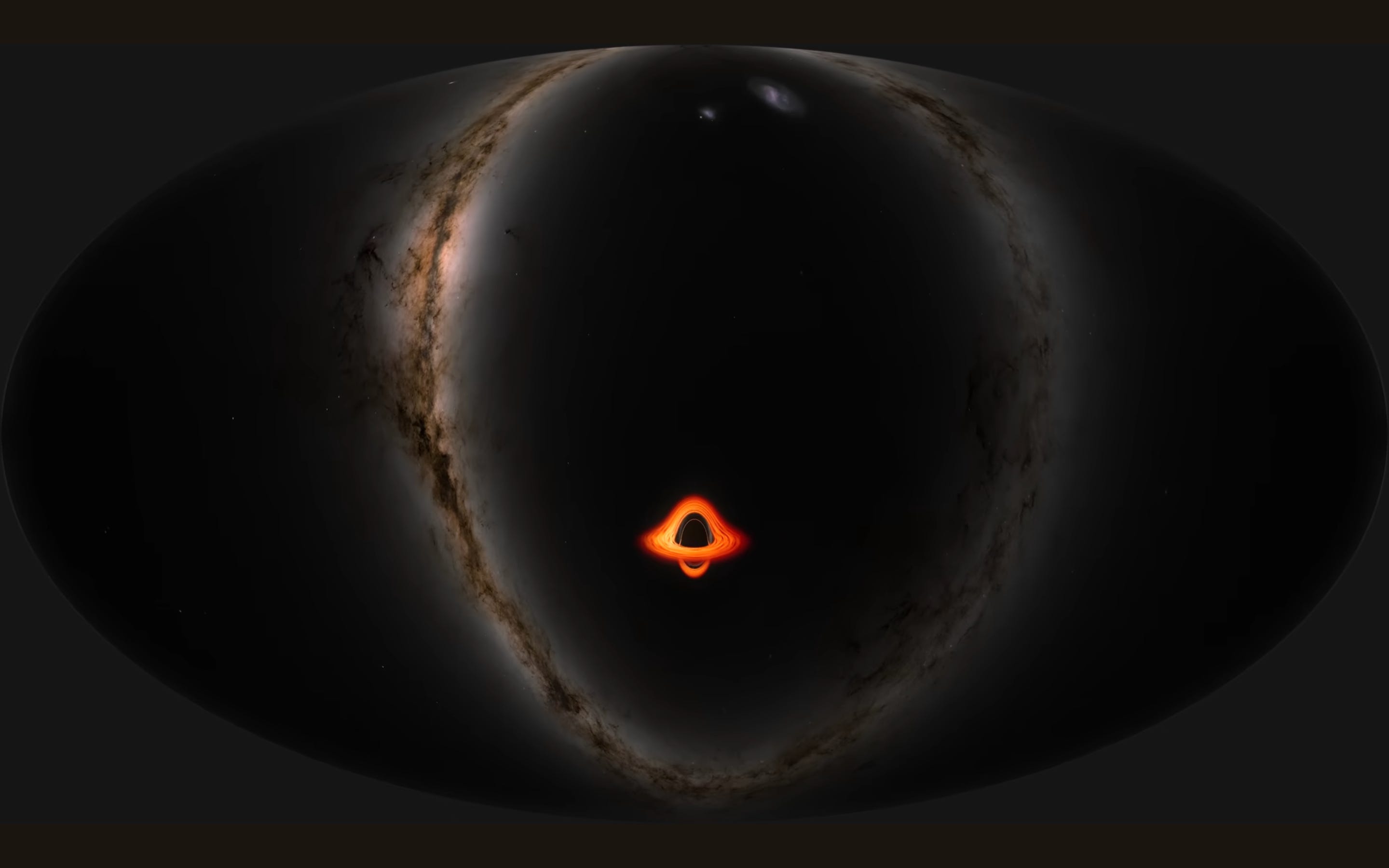 ein schwarzes Loch, umgeben von einer roten Lichtscheibe