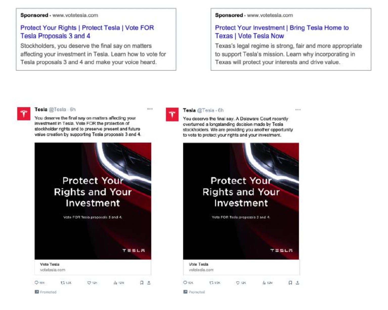 Ein Screenshot einiger der bezahlten Anzeigen, die Tesla zur Unterstützung von Musks Gehaltspaketvorschlag geschaltet hat.