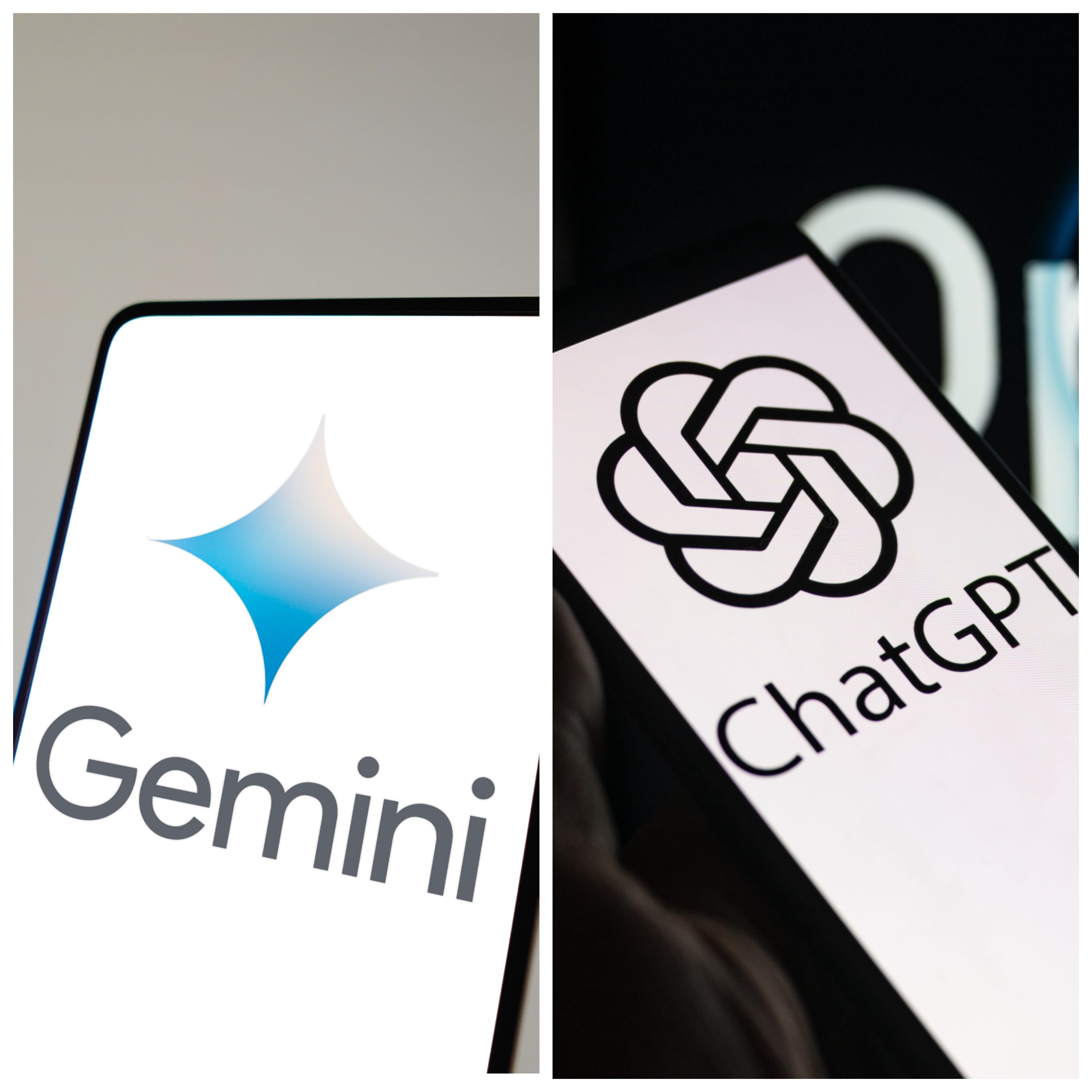 Zwei nebeneinander liegende Bilder zeigen Smartphones mit dem Gemini-Logo und dem ChatGPT-Logo.