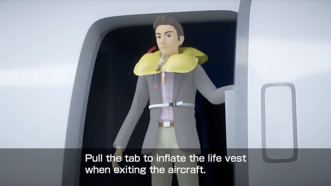 Ein Screenshot aus einem Sicherheitsvideo von Japan Airlines zeigt einen animierten Passagier, der eine Schwimmweste trägt