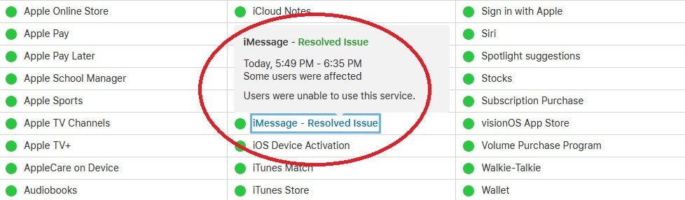 Auf der Systemstatusseite von Apple wird angezeigt, dass das Problem mit iMessage behoben wurde – T-Mobile zeigt Anzeichen eines Ausfalls, während die iMessage-Plattform heute Nachmittag ausfällt