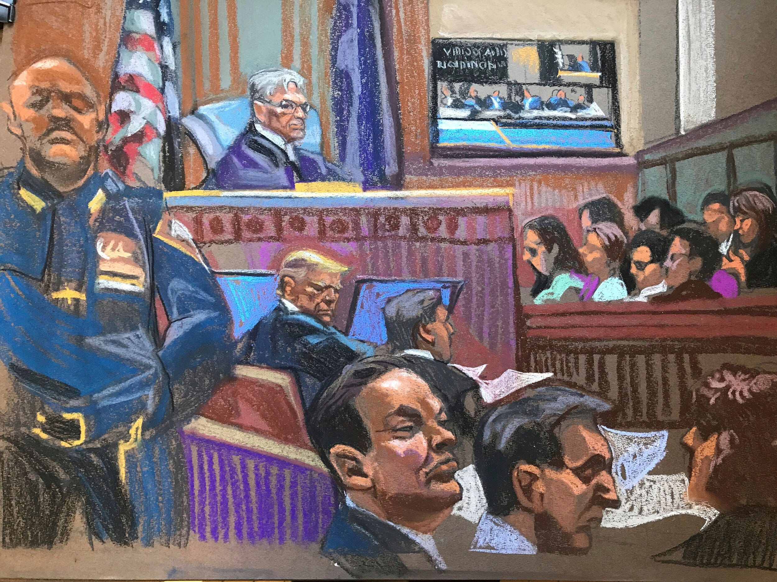 Die Skizze eines Gerichtskünstlers zeigt den Richter, die Parteien und die Geschworenen im Schweigegeldprozess gegen Donald Trump in Manhattan.