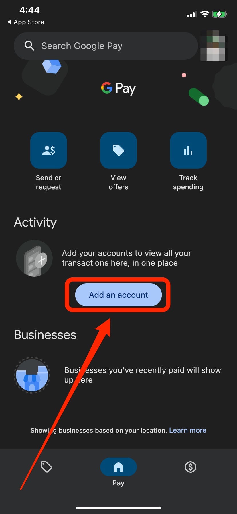 Ein Screenshot der mobilen Google Pay-App zeigt eine Schaltfläche mit dem Titel „Konto hinzufügen“, auf die Benutzer klicken können, um Zahlungsmethoden hinzuzufügen.