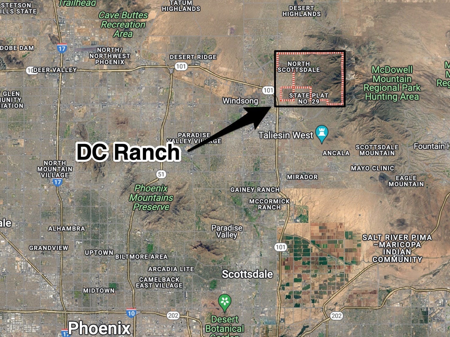 Eine Satellitenkarte von Arizona mit einem Pfeil, der auf die DC Ranch in Scottsdale zeigt.