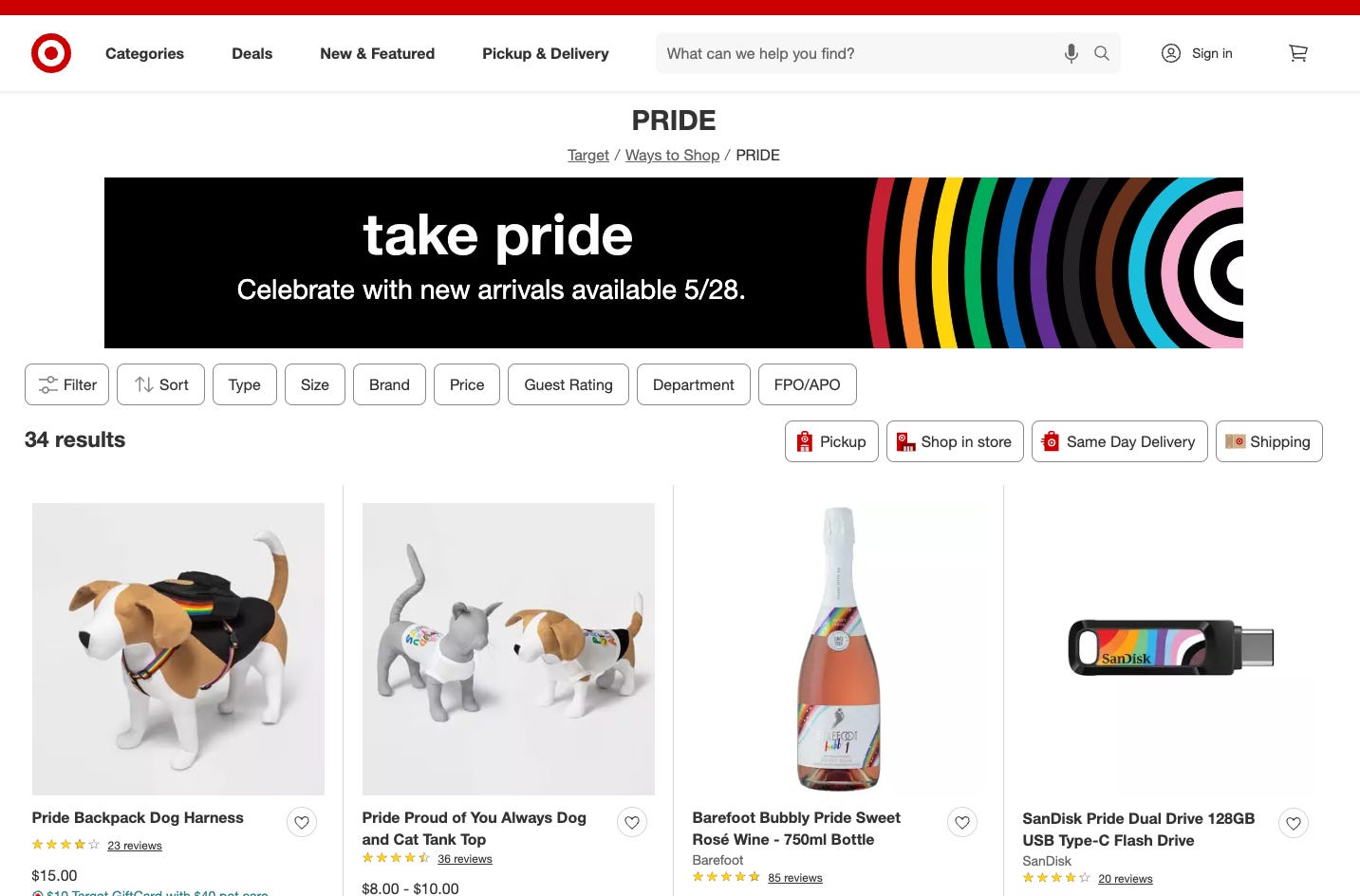 Target's Pride-Landingpage am 15. Mai, zwei Wochen vor dem Start