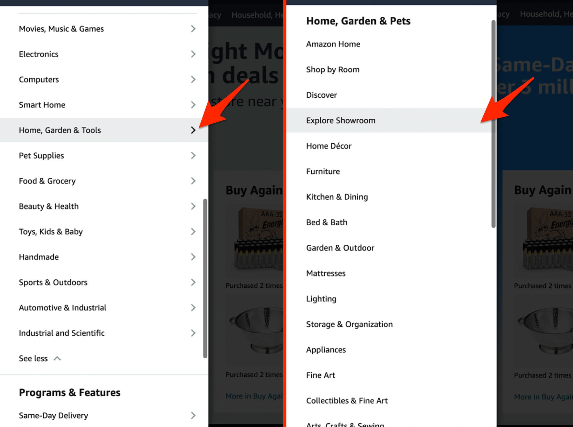 Ein Seitenleistenmenü mit mehreren Kategorien, die zu Amazon-Seiten führen, mit einem roten Pfeil, der auf den Text „Haus, Garten und Werkzeuge“ zeigt;  Eine weiße Seitenleiste mit einem roten Pfeil, der auf den Text „Showroom erkunden“ zeigt
