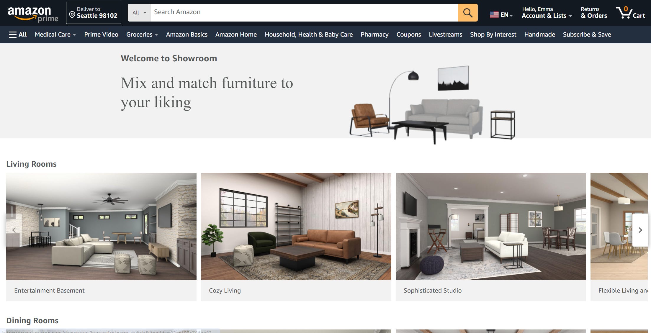 Screenshot des Amazon-Showrooms.  Auf der Seite sind mehrere animierte Räume mit Sofas, Stühlen, Teppichen und anderen Möbeln abgebildet