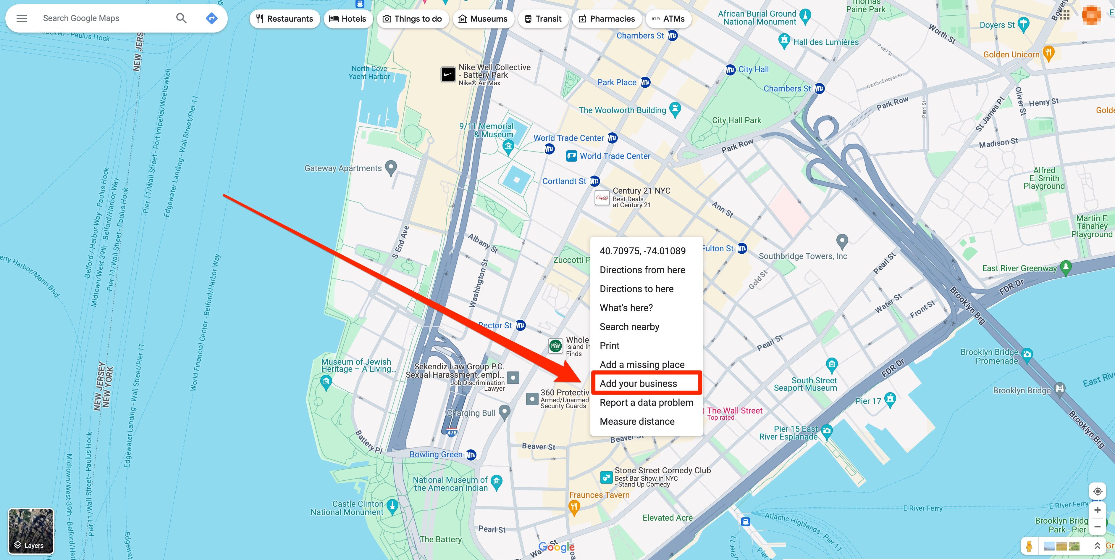 Ein Screenshot von Google Maps zeigt ein Popup mit der Option „Ihr Unternehmen hinzufügen“, um ein Google-Unternehmensprofil zu erstellen.