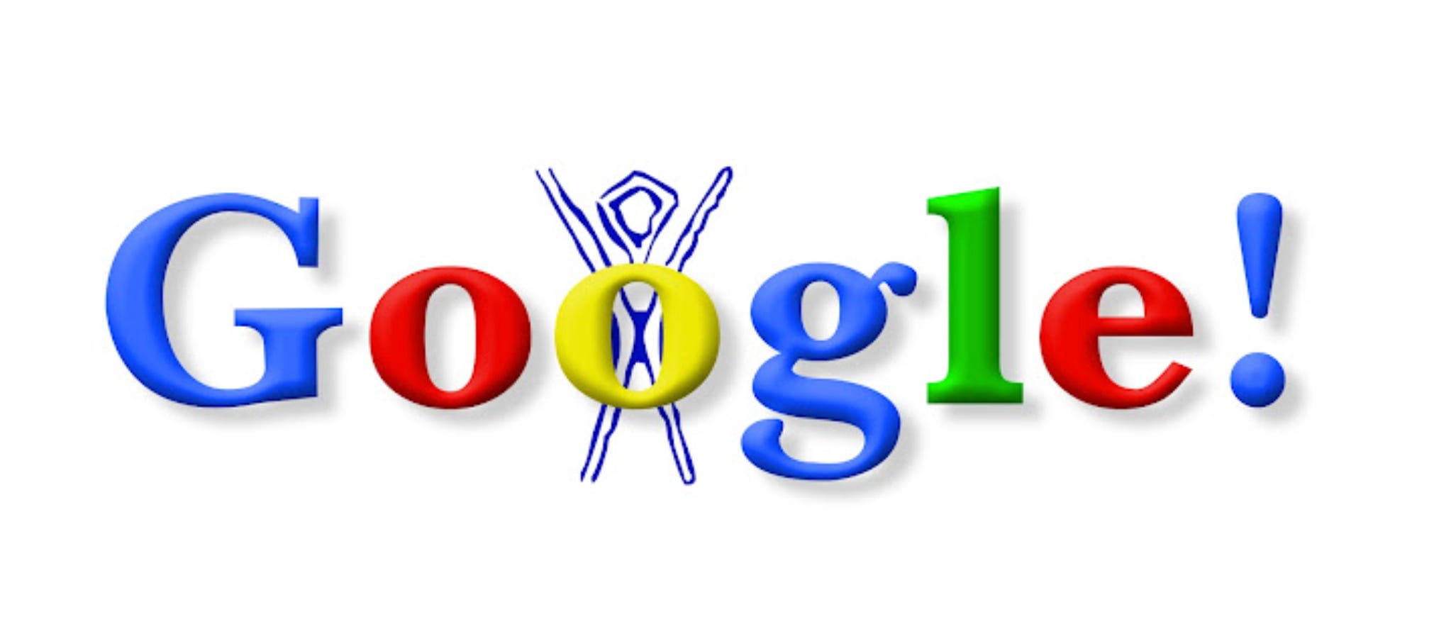 Das allererste Google Doodle zeigte das Google-Logo von 1998 mit der Skizze eines blauen Strichmännchens hinter dem zweiten „o“ zu Ehren des Burning Man-Festivals.