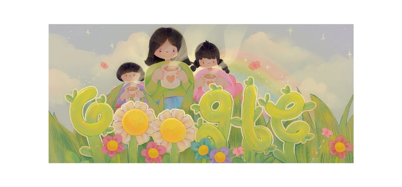 Der Gewinnerbeitrag des Google Doodle war ein Google-Logo aus Ranken und Blumen mit Cartoon-Darstellungen von drei jungen Mädchen, die heiße Getränke schlürfen.