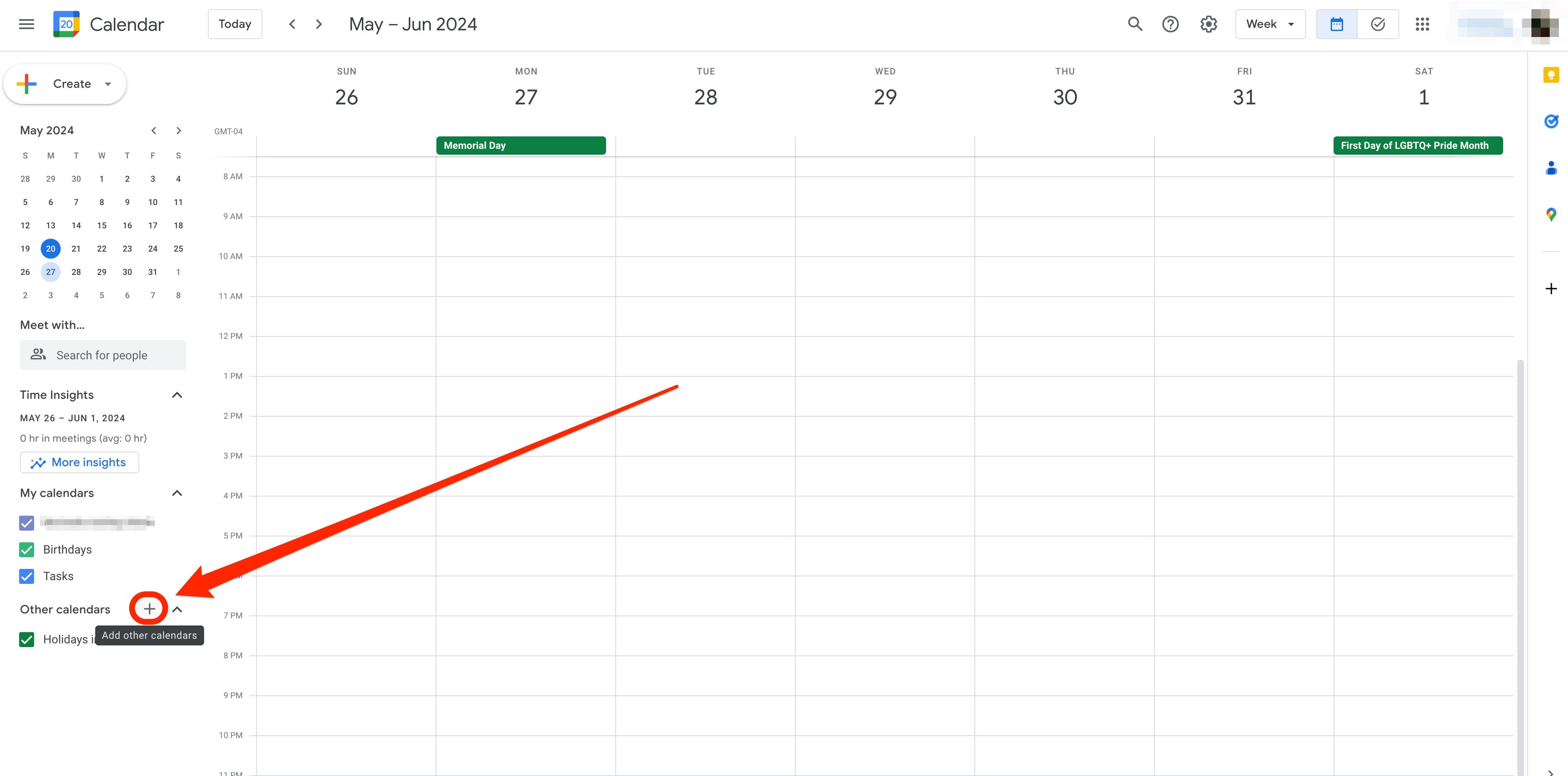 Ein Screenshot von Google Kalender zeigt die Schaltfläche „+“ neben „Andere Kalender“.