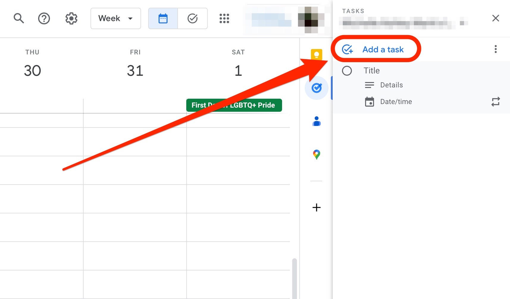 Ein Screenshot zeigt das Aufgabenfenster von Google Kalender, wobei die Schaltfläche „Aufgabe hinzufügen“ durch ein rotes Kästchen und einen roten Pfeil hervorgehoben ist.