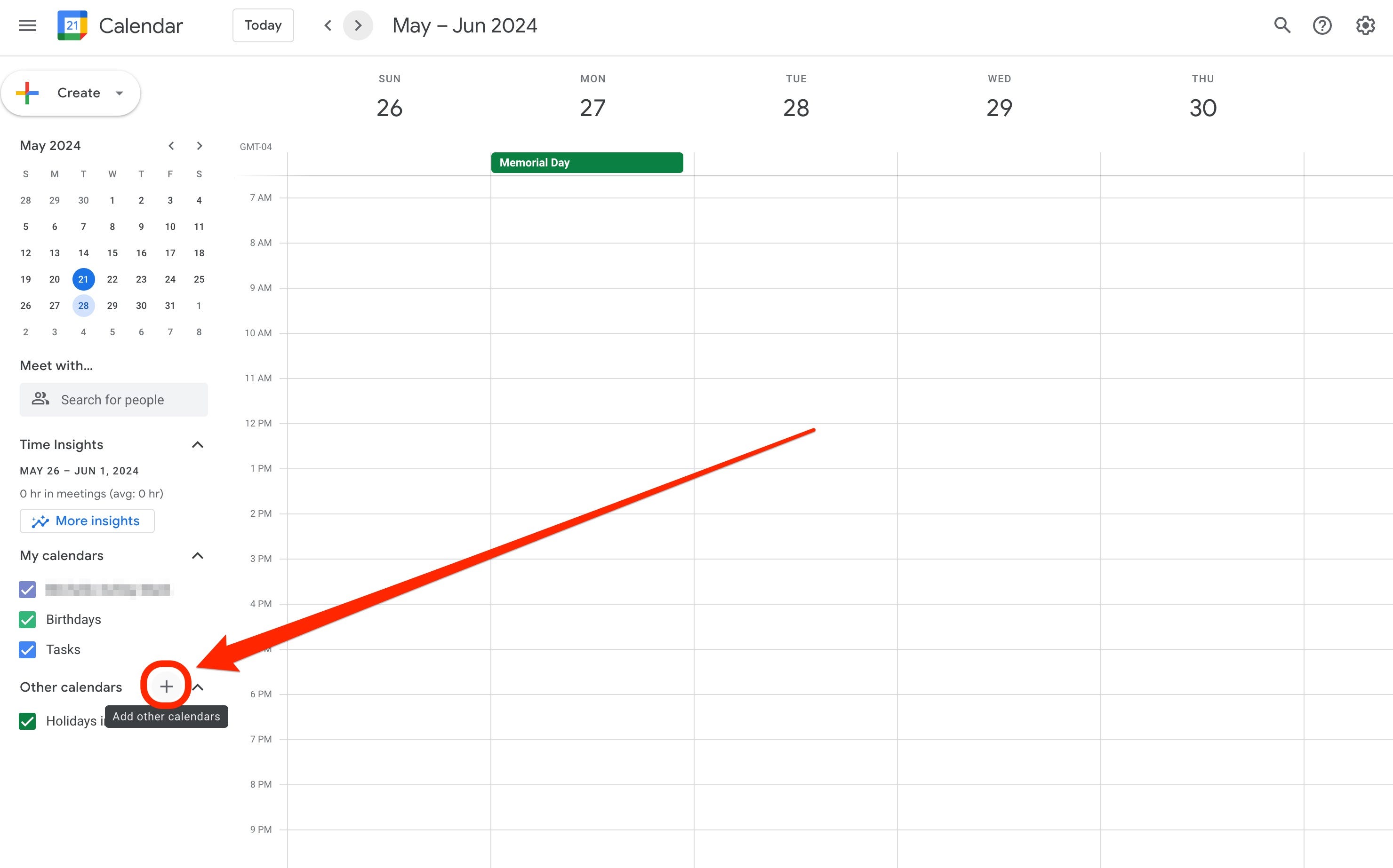 Ein Screenshot von Google Kalender zeigt ein rotes Kästchen und einen roten Pfeil, die die Schaltfläche „+“ neben „Andere Kalender“ hervorheben.