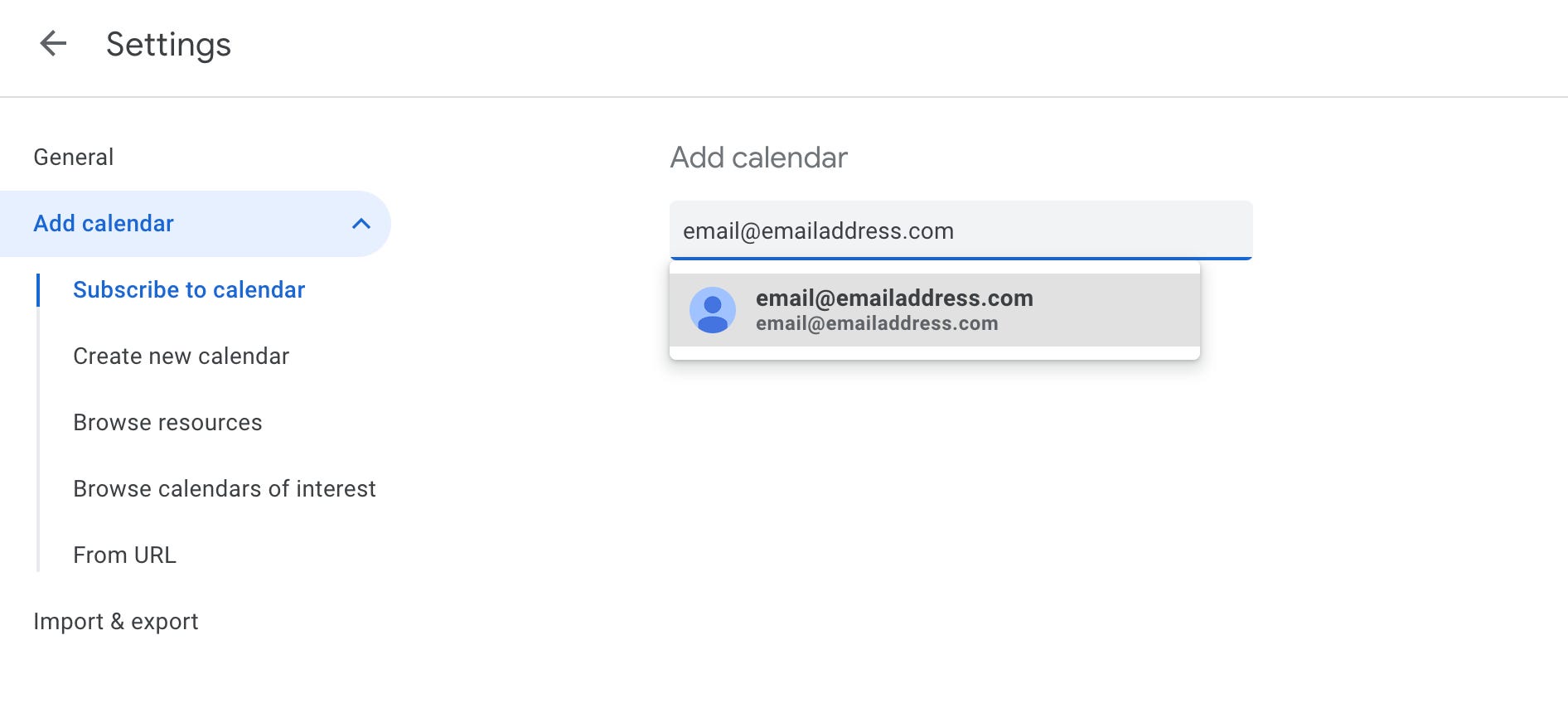 Ein Screenshot von Google Kalender zeigt eine Suchleiste, in der Benutzer eine E-Mail-Adresse hinzufügen können, um einen Kalender zu abonnieren.