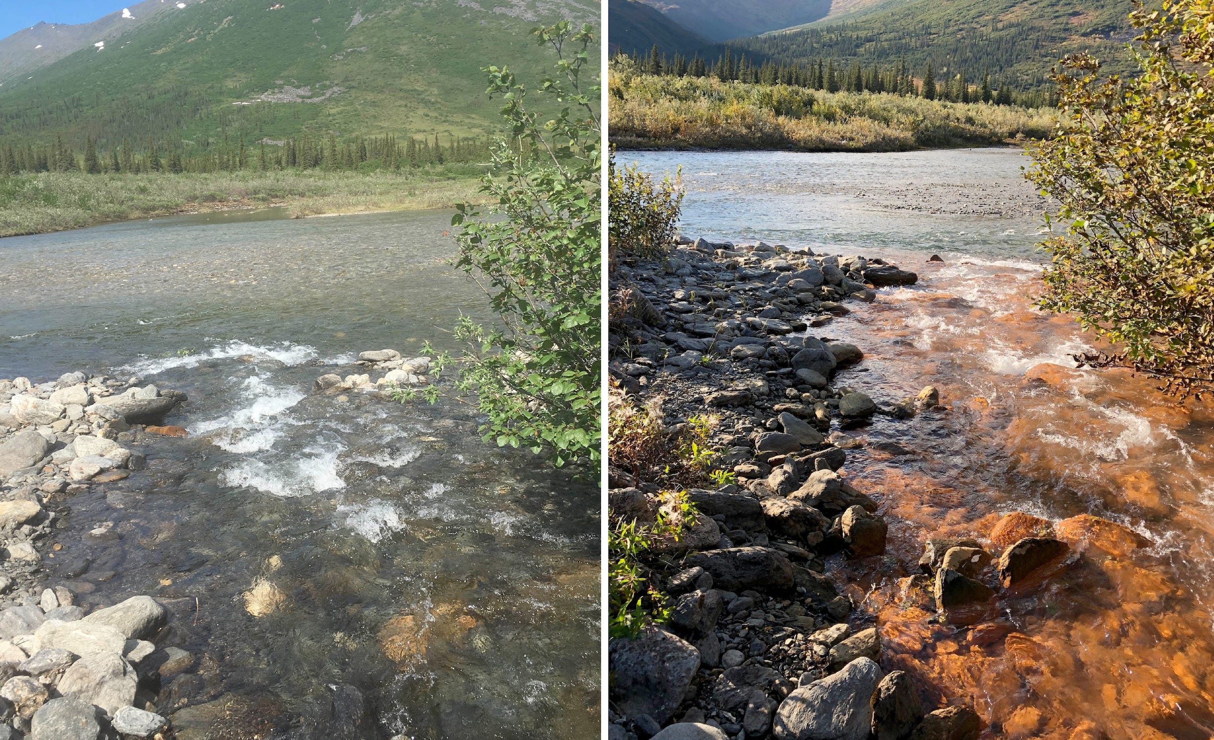 Ein Bild des klaren Akillik-Flusses im Jahr 2016 und des orangefarbenen Flusses im Jahr 2018