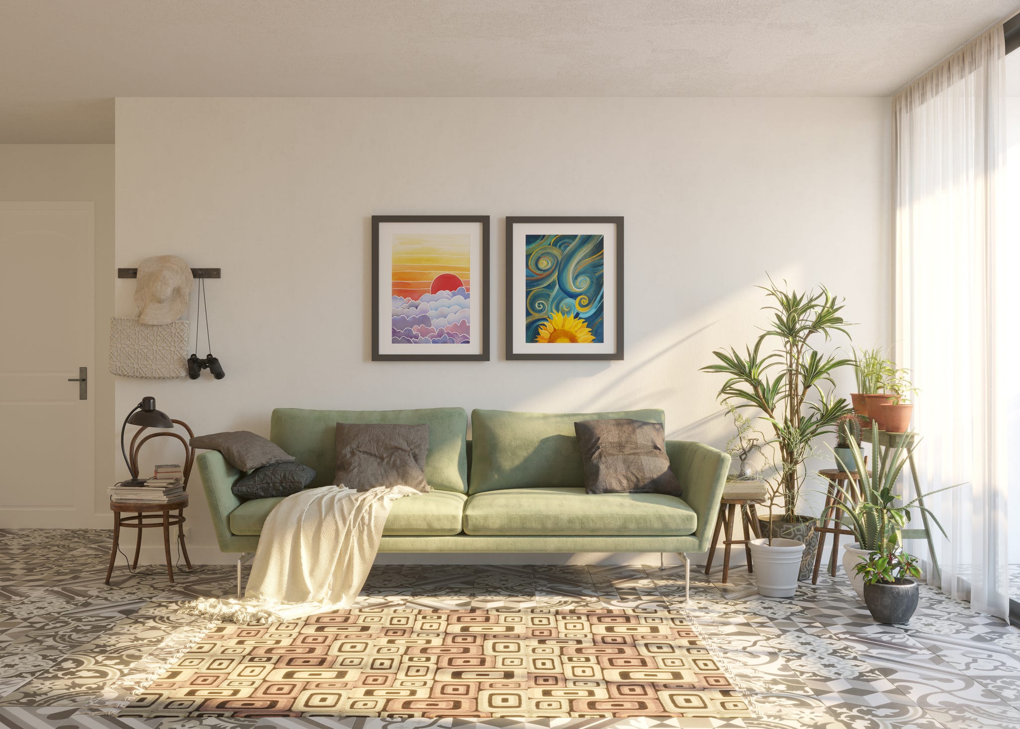 Grünes Midcentury Modern Sofa unter Kunstwerken im weißen Wohnzimmer