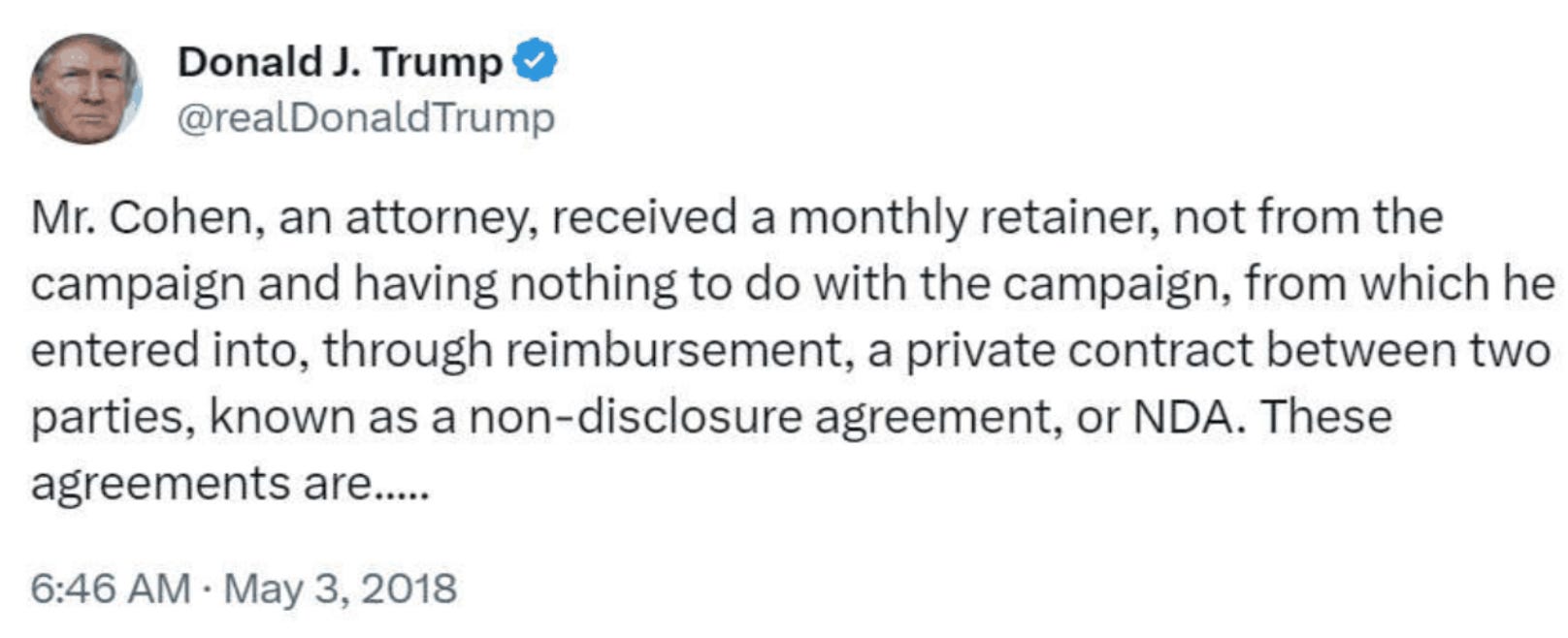 Ein Tweet des damaligen Präsidenten Donald Trump vom Mai 2018, in dem er einräumt, dass Michael Cohen eine „Entschädigung“ für eine „Geheimhaltungsvereinbarung“ erhalten habe.