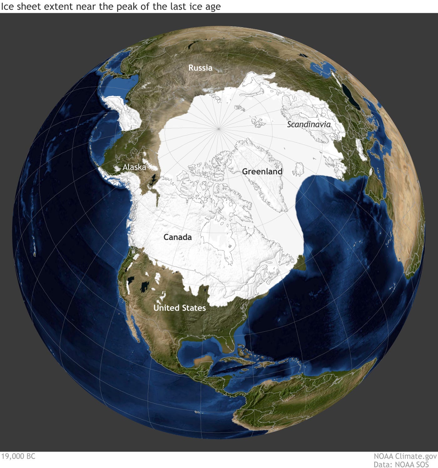 Eine Karte von Nordamerika, das vor 21.000 Jahren von großen Gletschern bedeckt war