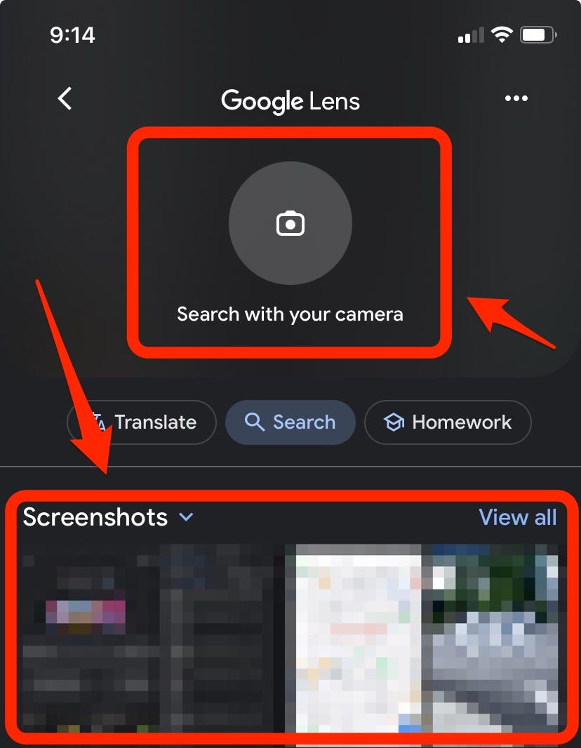 Ein Screenshot der Google Lens-Seite der Google iPhone-App zeigt die „Suche mit Ihrer Kamera“ und die Fotogalerie, hervorgehoben durch rote Kästchen und rote Pfeile.