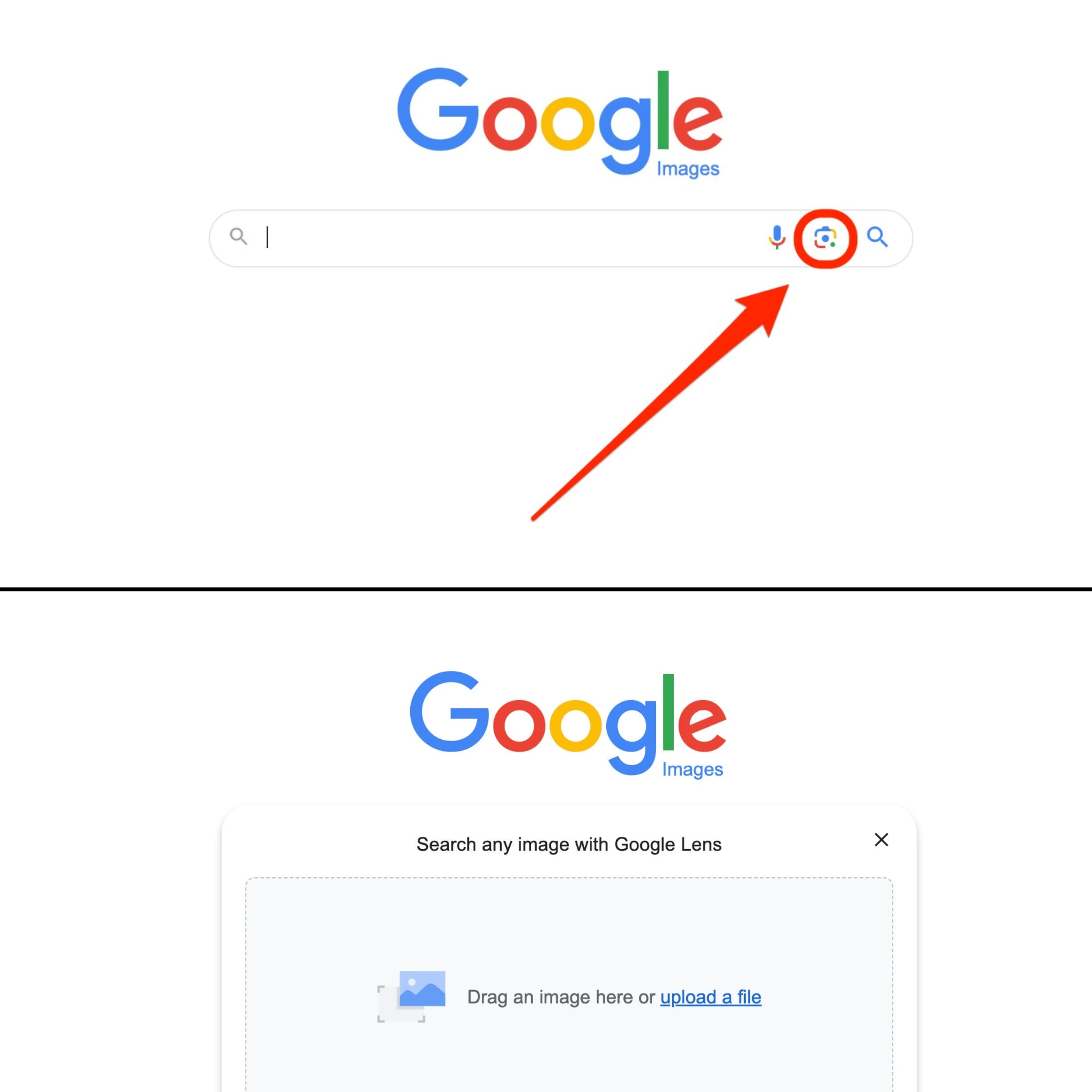 Ein oberes Bild zeigt einen Screenshot von Google Bilder mit dem Google Lens-Symbol, das durch ein rotes Kästchen und einen Pfeil hervorgehoben wird, und ein unteres Bild zeigt einen Screenshot des Datei-Uploaders von Google Bilder.