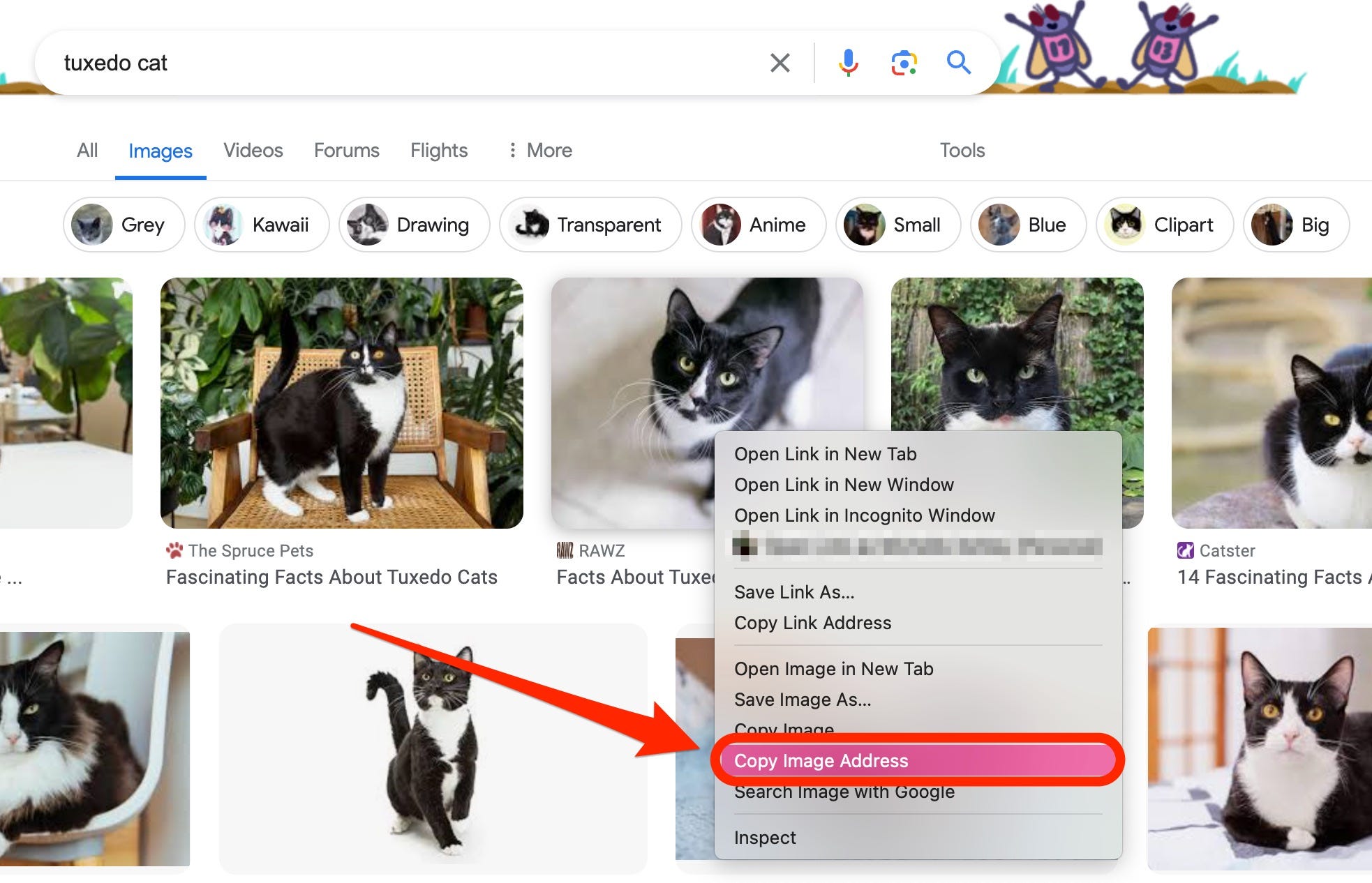 Ein Screenshot von Google Bilder zeigt ein Dropdown-Menü mit der Option „Bildadresse kopieren“, hervorgehoben durch ein rotes Kästchen und einen Pfeil.