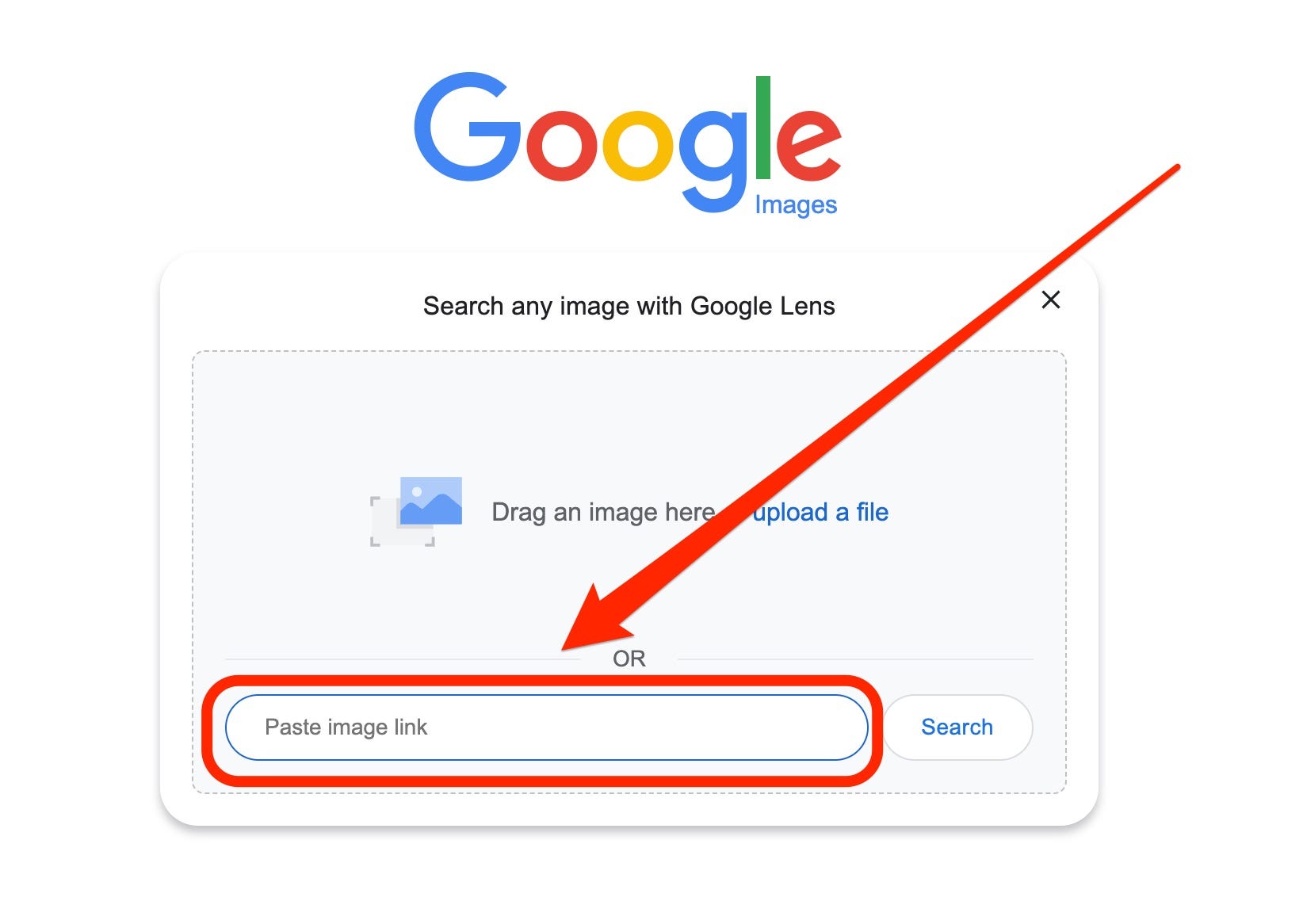 Ein Screenshot der Seite zur umgekehrten Bildersuche von Google Image zeigt die Suchleiste „Bildlink einfügen“, hervorgehoben durch ein rotes Kästchen und einen roten Pfeil.