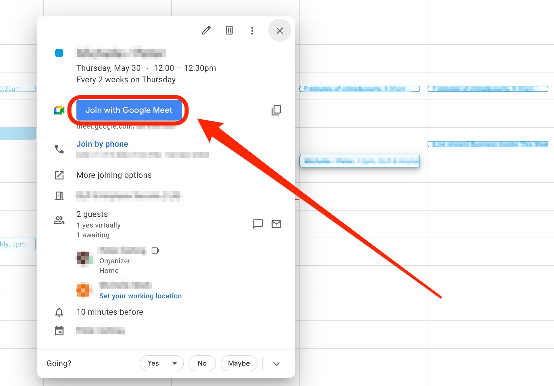 Ein Screenshot von Google Kalender zeigt ein Ereignis mit der Schaltfläche „Mit Google Meet teilnehmen“, hervorgehoben durch ein rotes Kästchen und einen Pfeil.