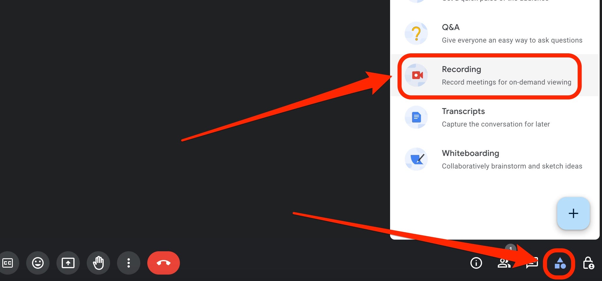 Ein Screenshot eines Google Meet-Anrufs zeigt das Symbol „Aktivitäten“ und die Schaltfläche „Aufzeichnung“, hervorgehoben durch rote Kästen und Pfeile.