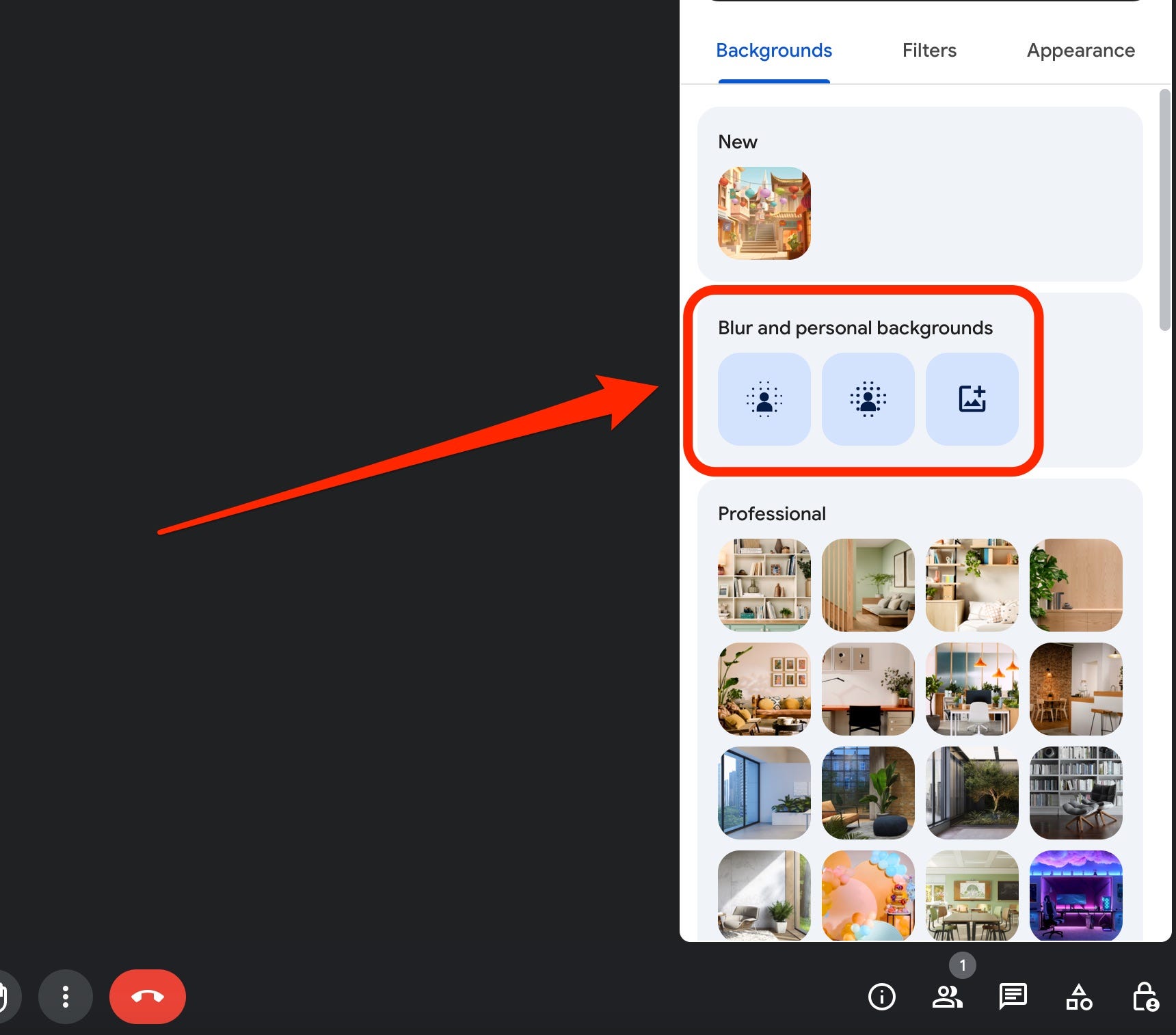 Ein Screenshot von Google Meet zeigt die Optionen zum Unscharfmachen Ihres Hintergrunds während eines Videoanrufs.