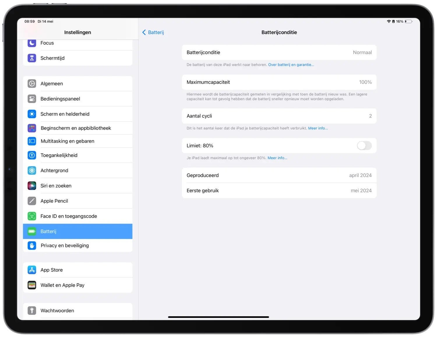 Auch wenn das Menü auf Niederländisch ist, können Sie die Battery Health-Funktion immer noch auf dem neuesten iPad erkennen (Bildnachweis – iCulture) – Apple bringt Battery Health endlich auf das iPad mit dem neuen iPad Pro M4 (2024) und iPad Air M2 (2024).