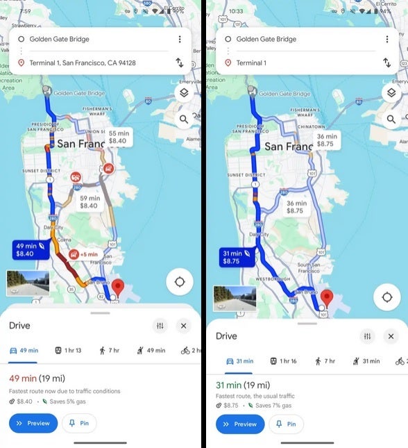 Aktuelle Google Maps-Benutzeroberfläche links, neu gestaltete Benutzeroberfläche rechts – Eine neu gestaltete Version von Google Maps, die erstmals im Februar zu sehen war, kehrt zurück