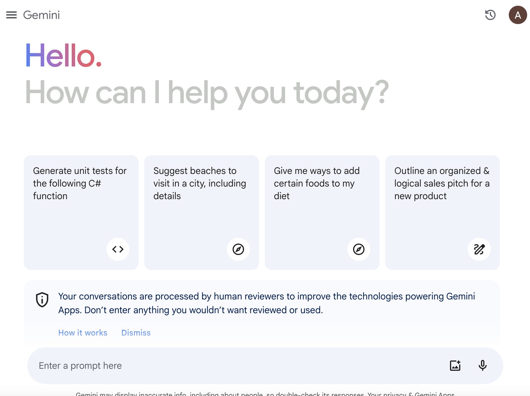Ein Screenshot von Googles Gemini zeigt Vorschläge zur Nutzung des Chatbots, mit einem Feld zur Eingabe einer Eingabeaufforderung.