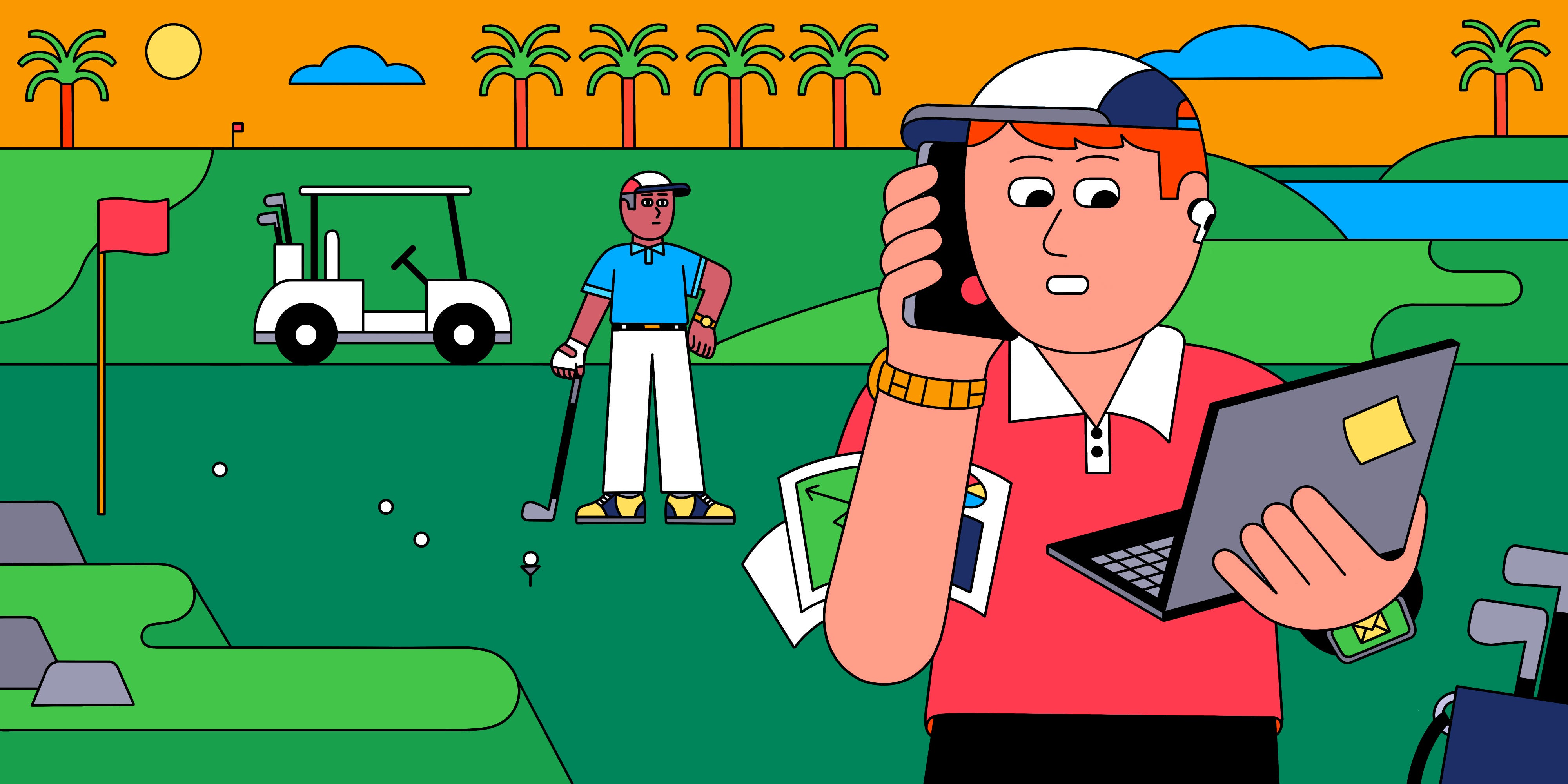 Illustration eines Mannes, der bei der Arbeit auf einem Golfplatz abgelenkt ist.