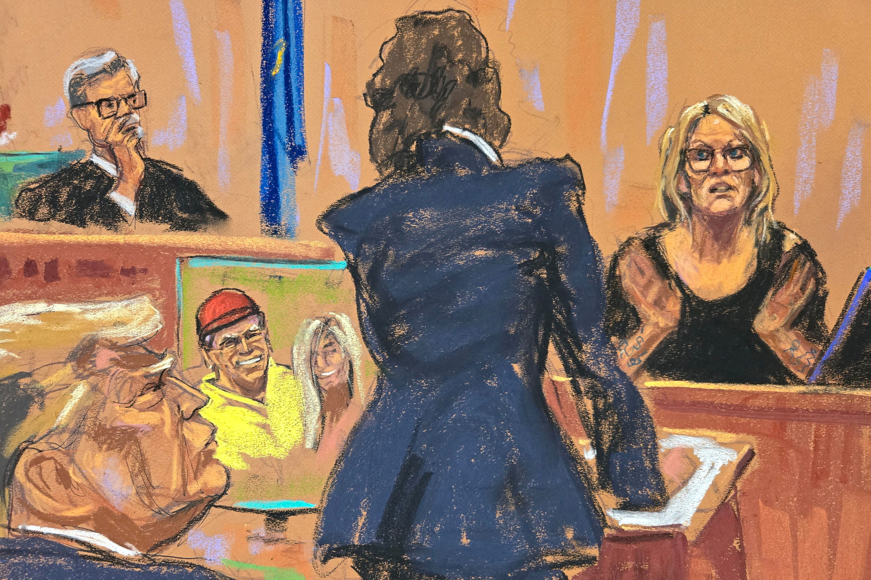 Eine Gerichtsskizze von Stormy Daniels, wie sie von Staatsanwältin Susan Hoffinger während des Schweigegeldprozesses gegen den ehemaligen Präsidenten Donald Trump befragt wird.