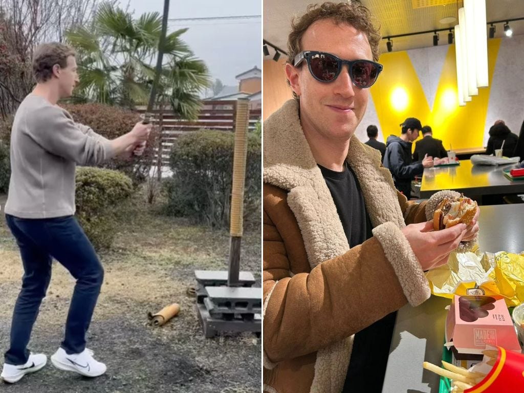 Mark Zuckerberg schwingt ein Katana (links) und genießt eine Mahlzeit bei McDonalds (rechts).